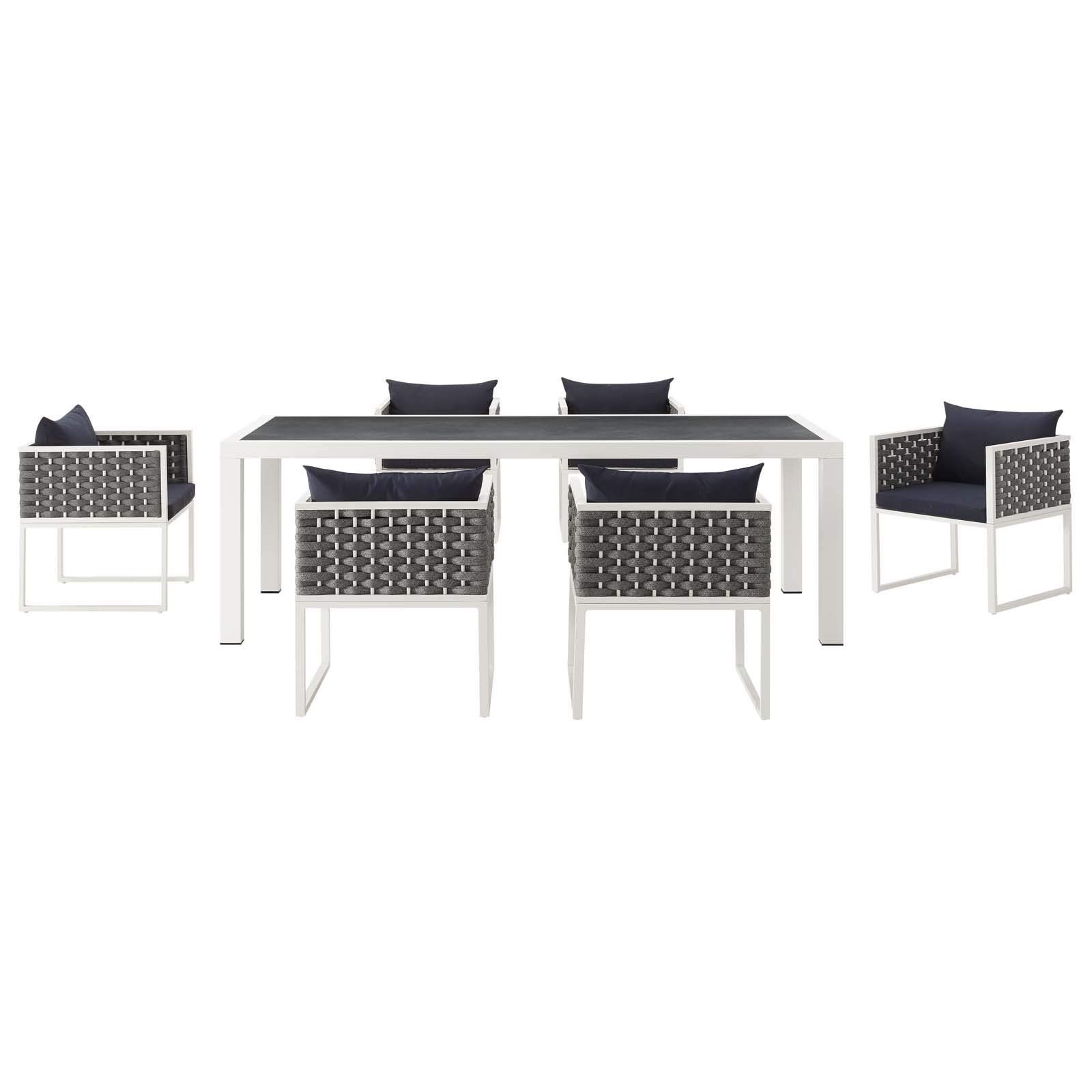 Modern Outdoor Patio Furniture Set - 5-Piece Aluminum Dining Chairs & Table with Weather-Resistant Navy Blue & White Fabric for Backyard, Garden, Poolside or Deck