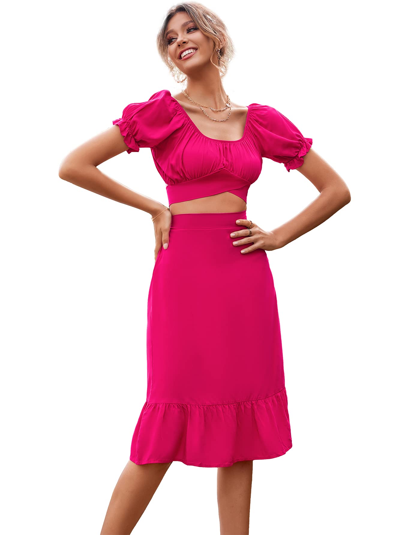 LYANER Women's 2 Piece Floral Print Summer Outfit - Self Tie Knot Crop Top & High Waist Midi Skirt Set | Casual Beach Wear, Vacation Outfit, Boho Chic Fashion