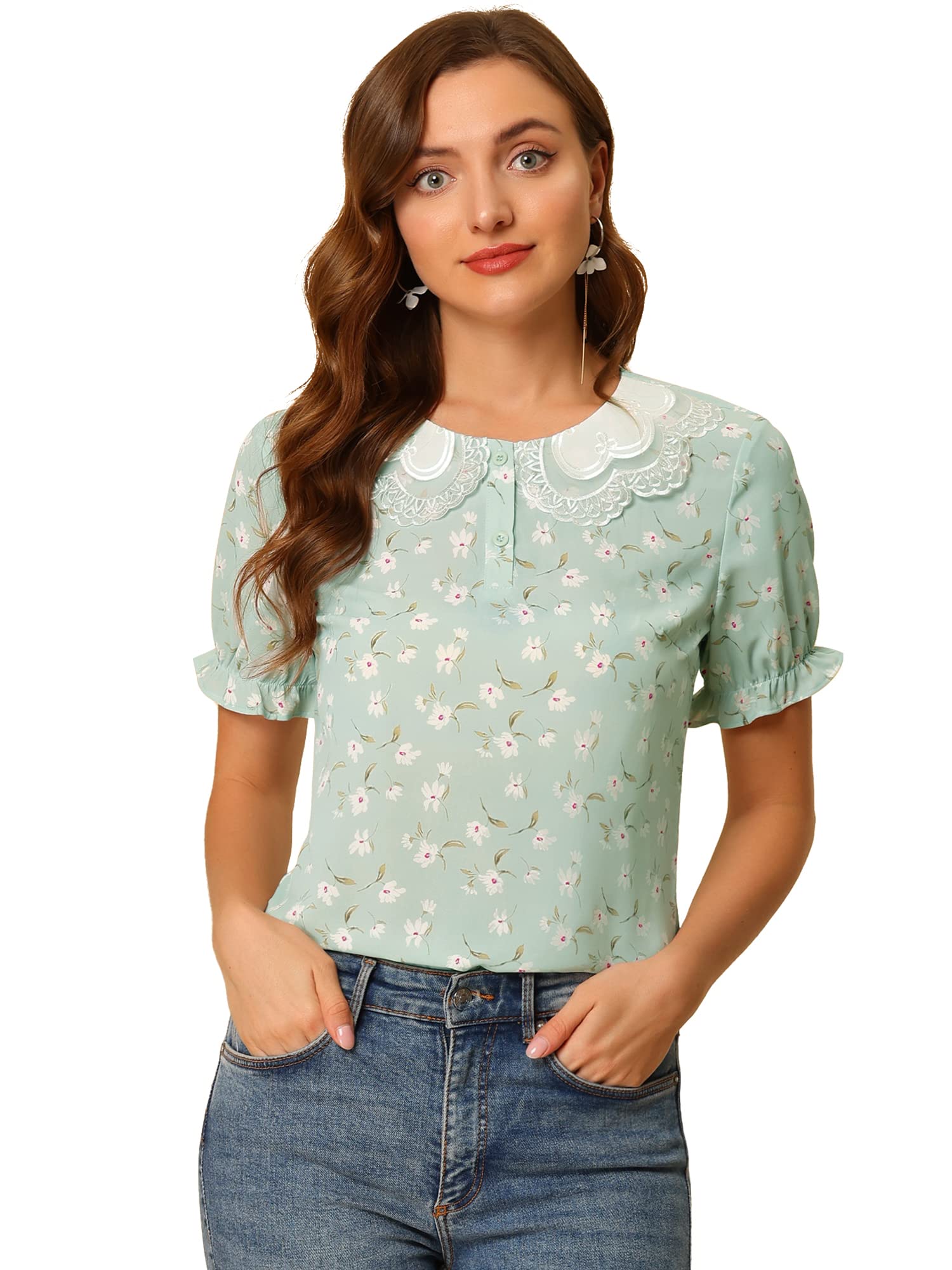 Allegra K Women's Floral Ruffled Short Sleeve Peter Pan Collar Blouse - Elegant Casual Top for Work, Date Night & Spring Outfits