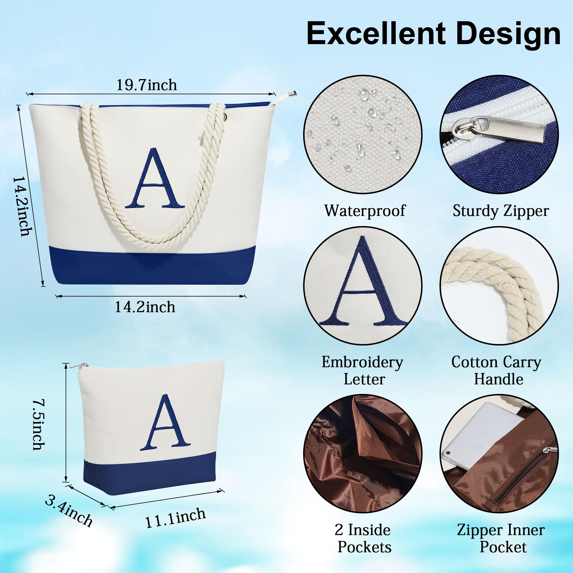 Personalized Initial Canvas Beach Tote Bag & Makeup Pouch Set - Custom Monogrammed Gifts for Women, Best Friend Birthday Present - Perfect for Beach Vacation, Travel & Daily Use