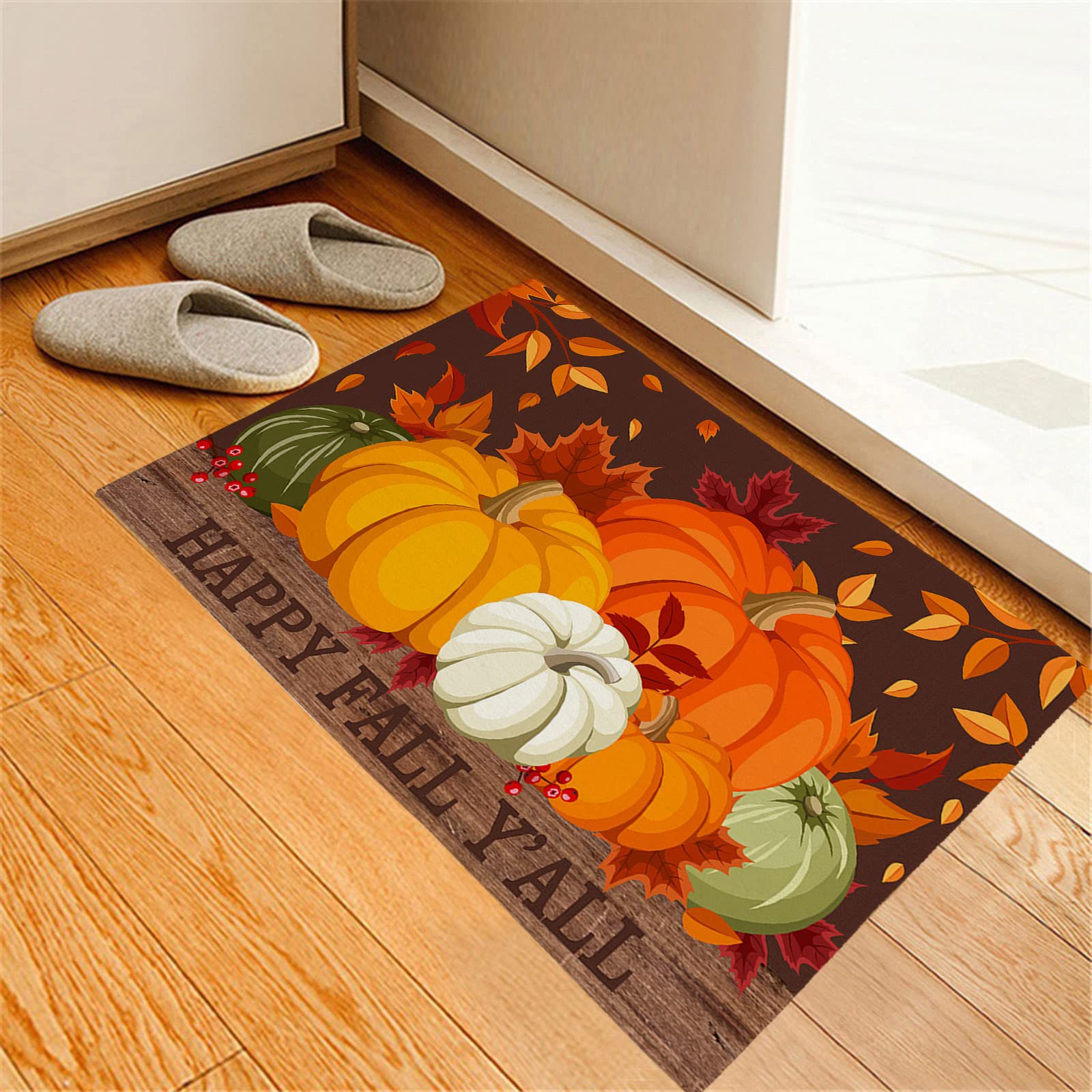 Soft Washable Indoor Door Mat - Autumn Farmhouse Pumpkin & Maple Leaf Design, Non-Slip Bathroom Rug & Kitchen Carpet for Entryway, Front/Back Door - Perfect for Thanksgiving Decor & Fall Home Decor