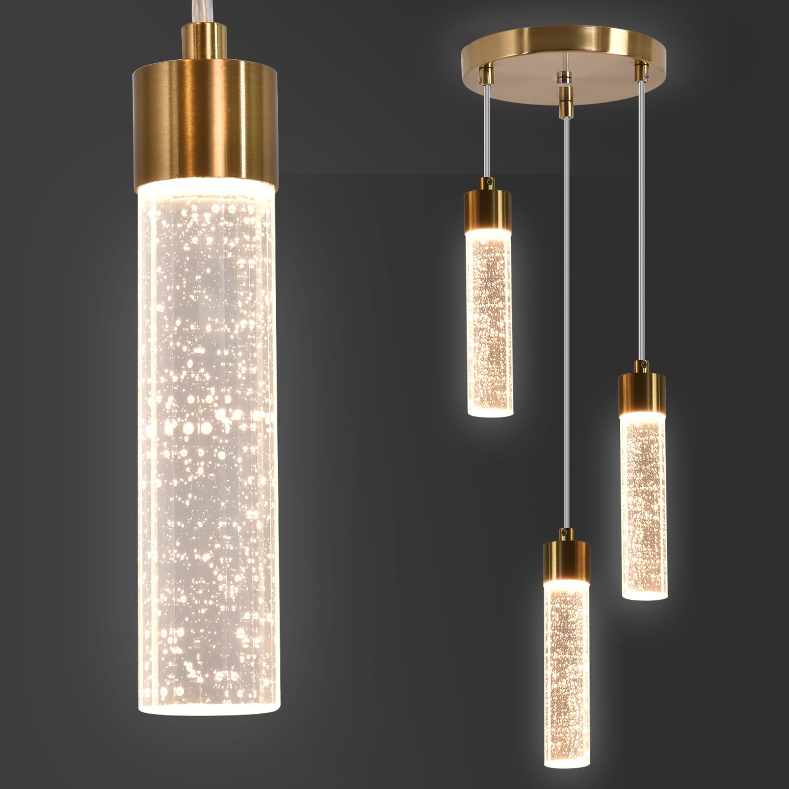 Modern 3-Light Crystal Pendant Lighting Fixture - Gold LED Kitchen Island Light with Bubble Glass Shades for Dining Room & Breakfast Bar | Elegant Home Decor & Ambient Lighting