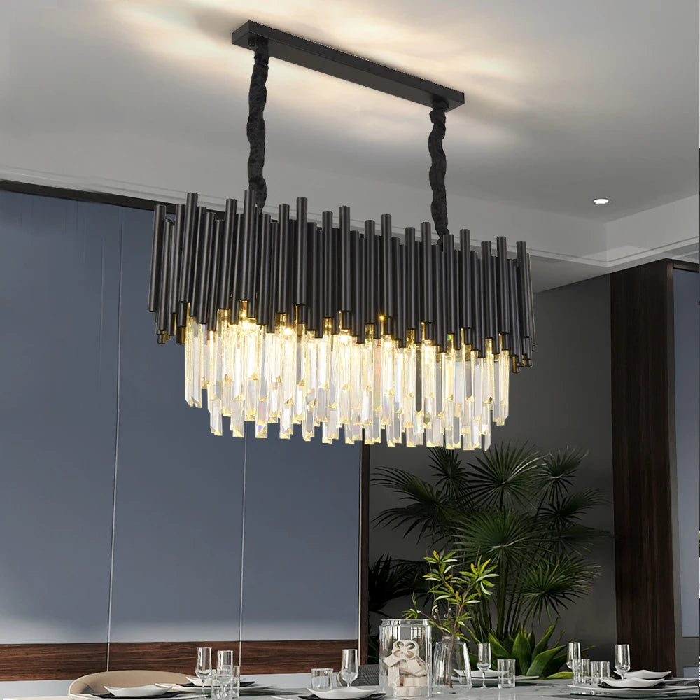 Finn Modern Black Linear Crystal Chandelier - Elegant Dining Room Lighting Fixture for Contemporary Home Decor | Perfect for Dining Rooms, Kitchens, and Entryways