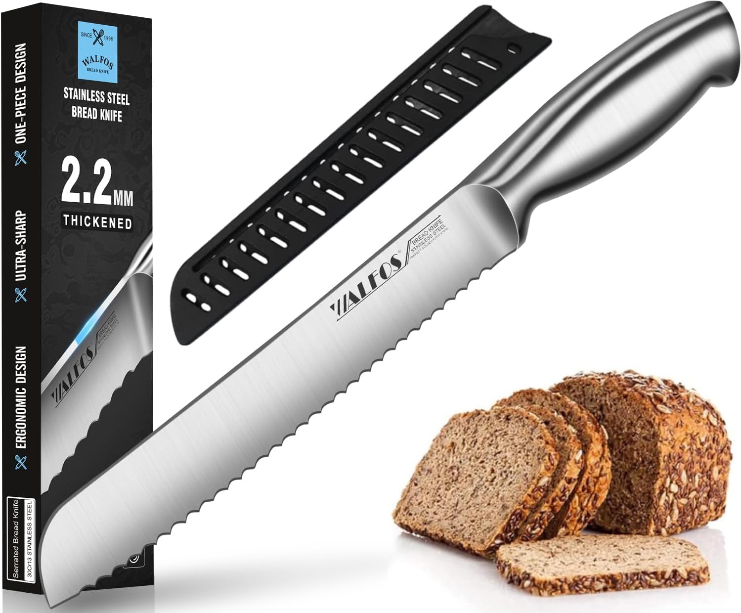 Walfos 8-Inch Stainless Steel Serrated Bread Knife - Ultra Sharp Kitchen Knife with Ergonomic Handle for Slicing Bread, Bagels, Cakes - Perfect for Home Baking, Restaurant Use & Gift Giving