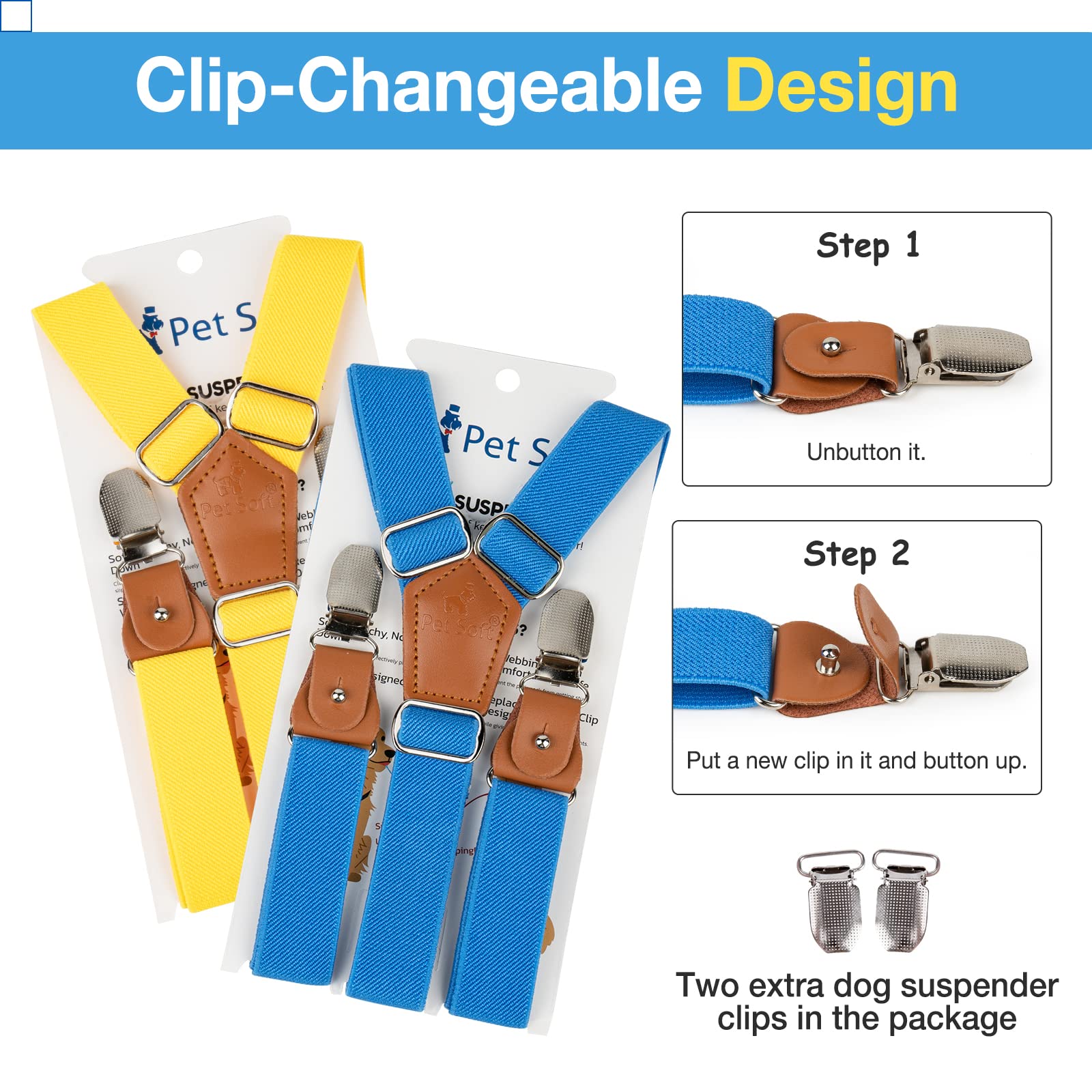 Pet Soft Dog Suspenders 2-Pack - Adjustable Diaper Suspenders for Small Dogs, XS/S Size - Secure Dog Diapers, Skirts & Dresses (Gold & Blue) - Perfect for Puppy Training, Fashion Outfits & Special Occasions