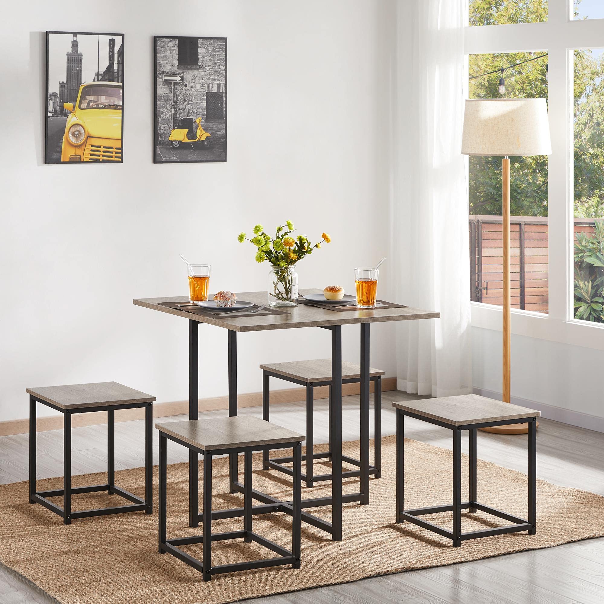Yaheetech 4-Piece Industrial Dining Table Set with 4 Chairs - Space Saving Kitchen Table for Small Apartments, Breakfast Nook, Studio - Modern Gray Finish - Perfect for Compact Living Spaces & Cozy Meals