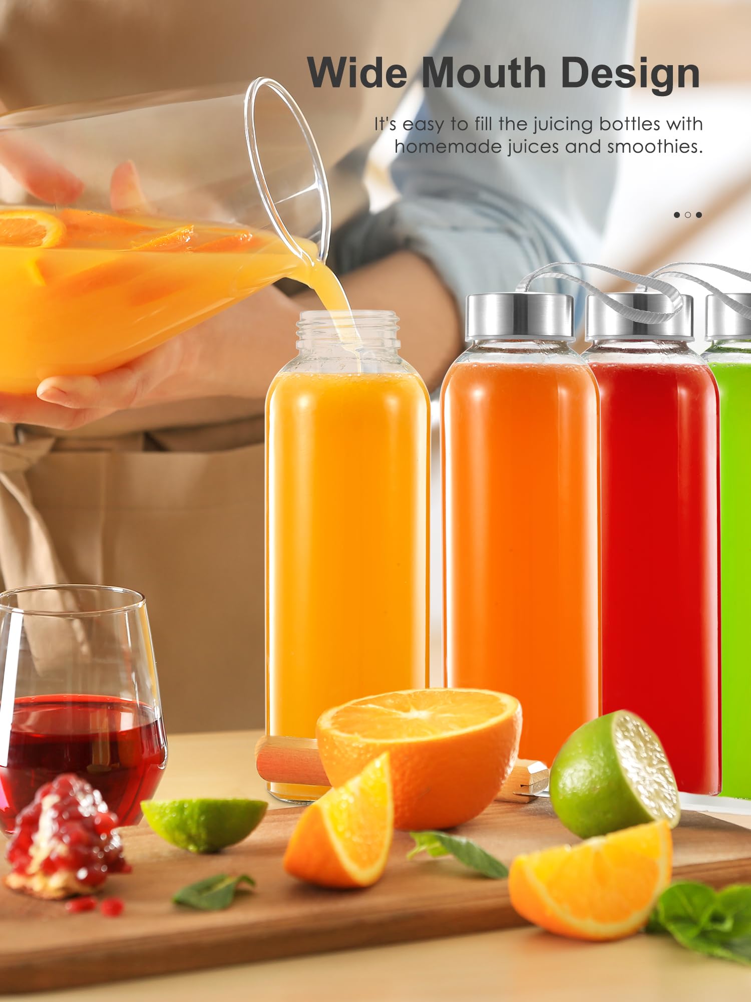 QCen 18oz Clear Glass Juice Bottles with Leak-Proof Stainless Steel Lids - BPA Free Reusable Wide Mouth Water Bottles for Juicer Machine (Set of 6) - Perfect for Fresh Juices, Smoothies & Healthy Drink Storage