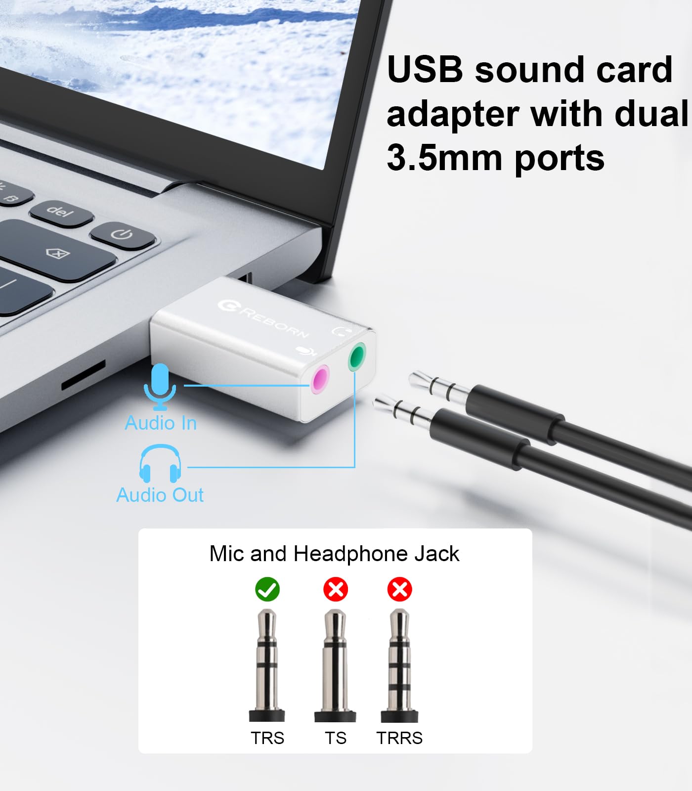 Reborn USB External Stereo Sound Audio Adapter with 3.5mm Universal Jack (Headphone/Microphone) - Plug & Play for Windows, Mac, Linux, PC Laptops - Alloy Construction - 1 Pack - Perfect for Gaming, Video Calls & Music Streaming