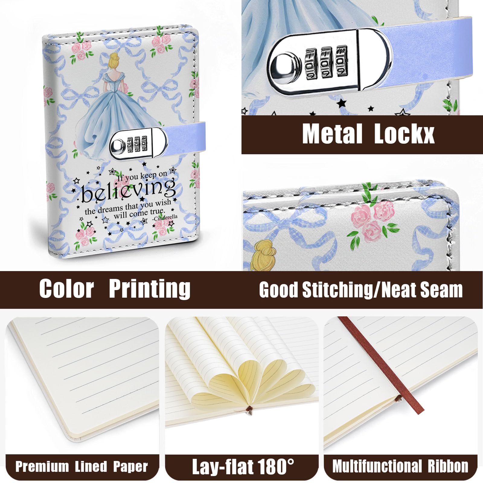 Cinderella Themed A5 Locking Journal - Faux Leather Password Diary with Lock, Perfect Gift for Princess Movie Fans - Ideal for Personal Writing, Travel Journaling & Secret Keeping