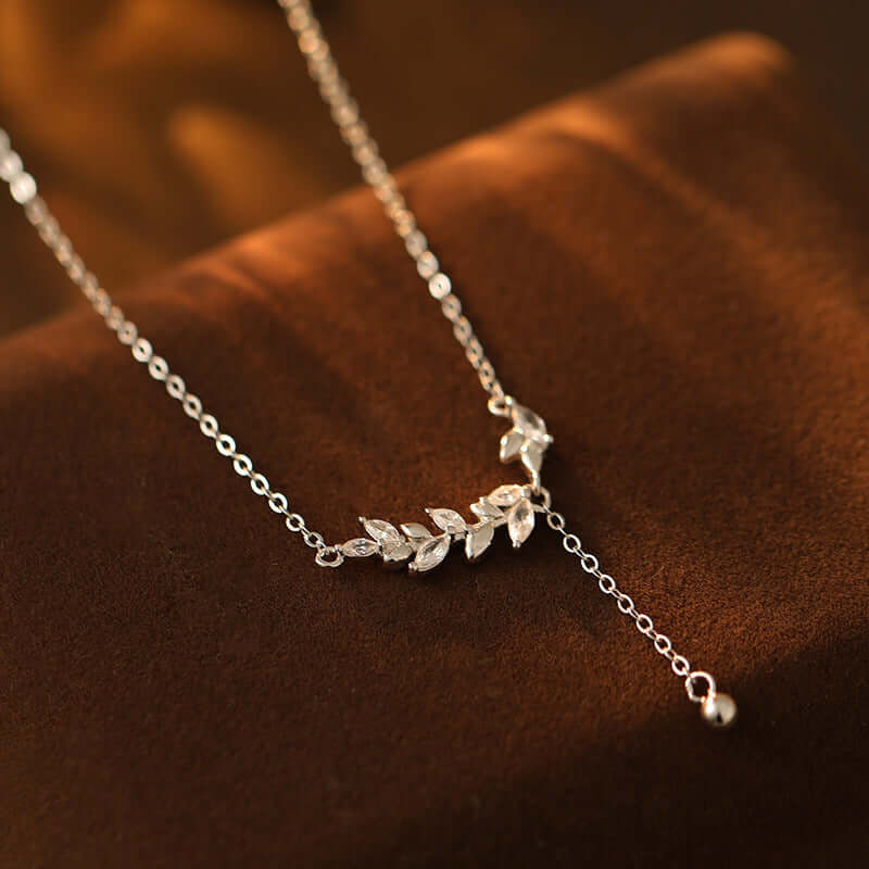Marquise Olive Branch Leaf Y Necklace - Elegant Sterling Silver Pendant for Women | Perfect for Weddings, Anniversaries & Everyday Wear | R8236