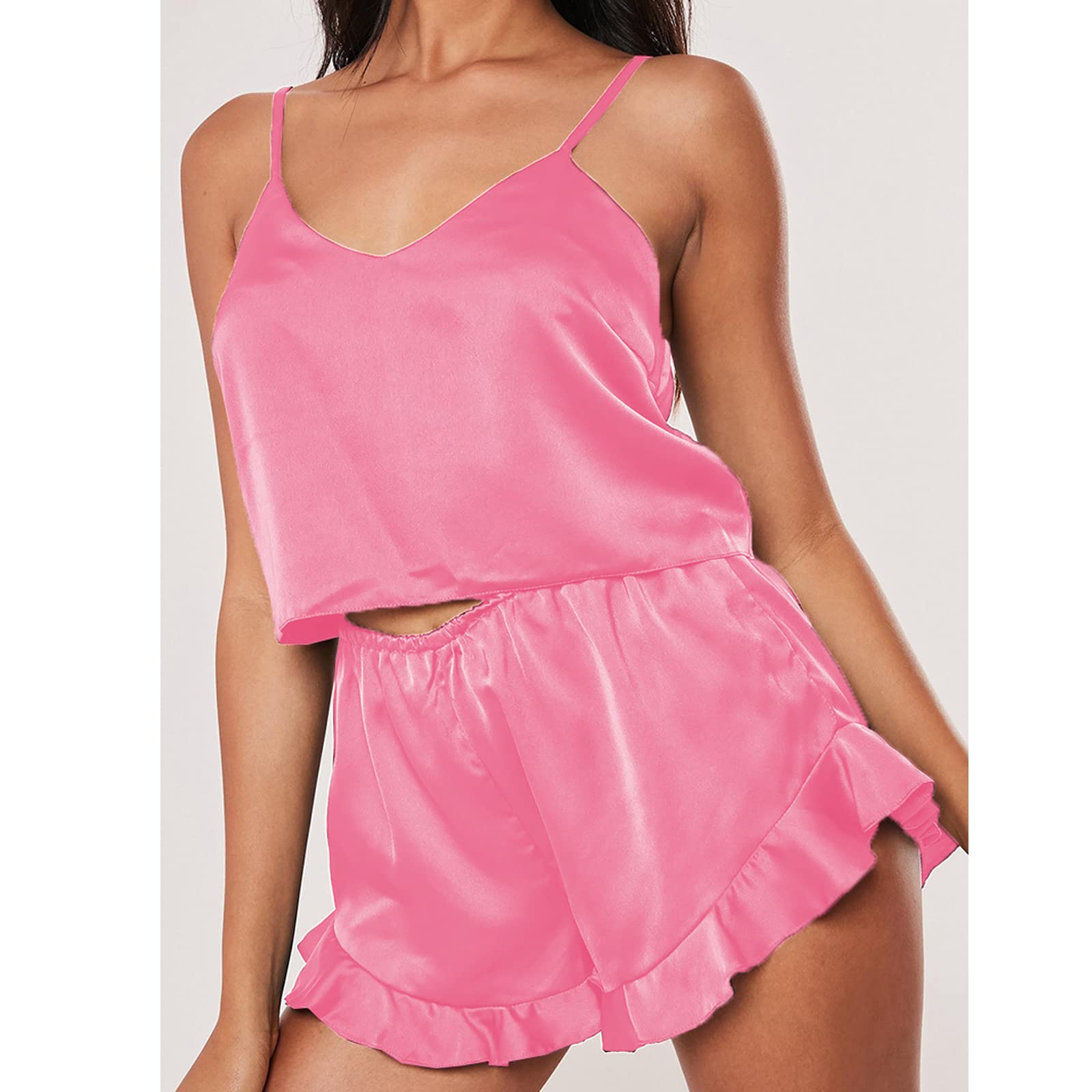 Xaspee Women's Silk Satin Pajama Set - Sexy Adjustable Spaghetti Strap Tank Top & Shorts Sleepwear for Women, Comfortable Nightwear for Lounge, Sleep and Vacation