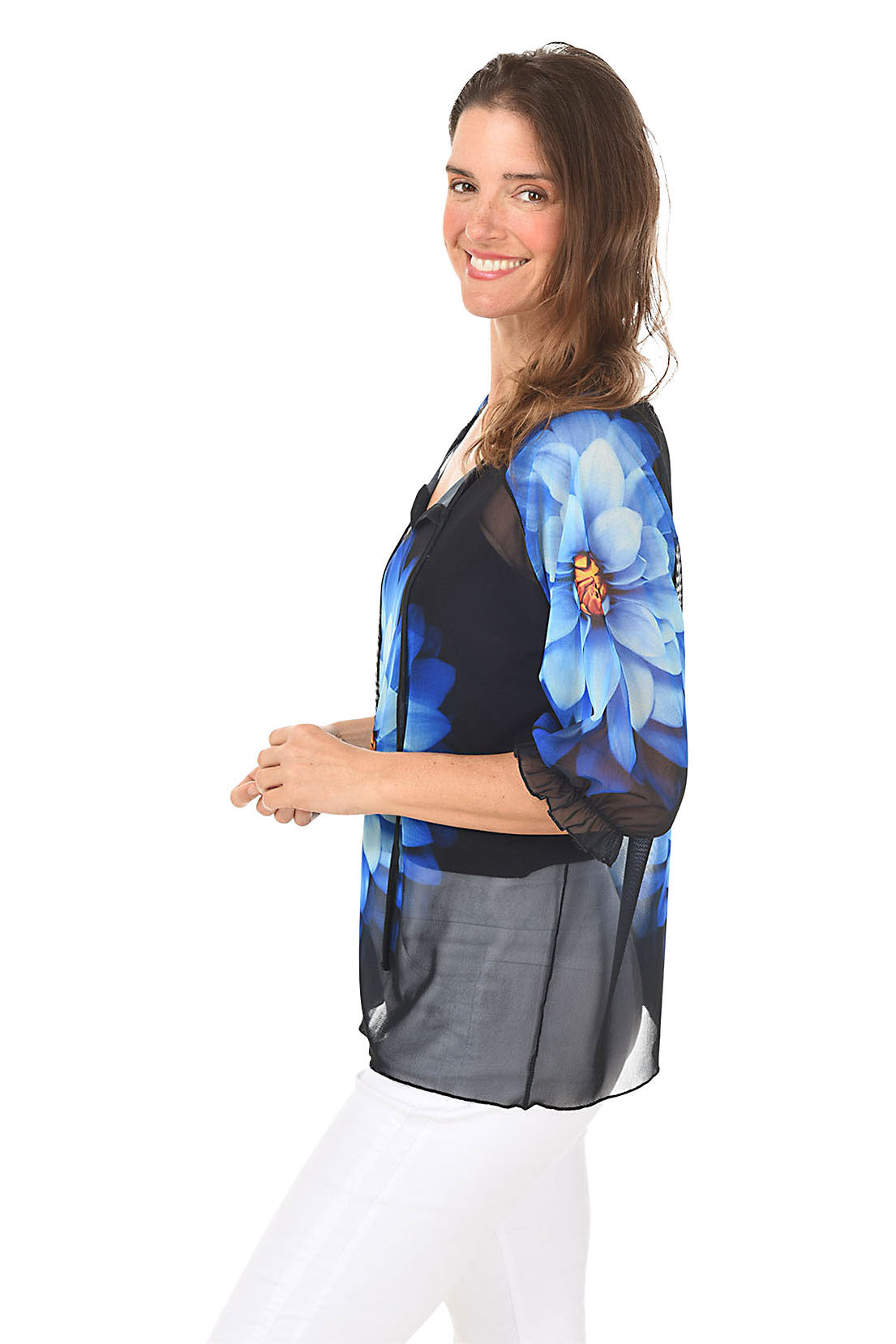 Blooming Flower Ruffle Sleeve Mesh Top for Women - Elegant Floral Print Summer Blouse for Casual Outings & Date Nights