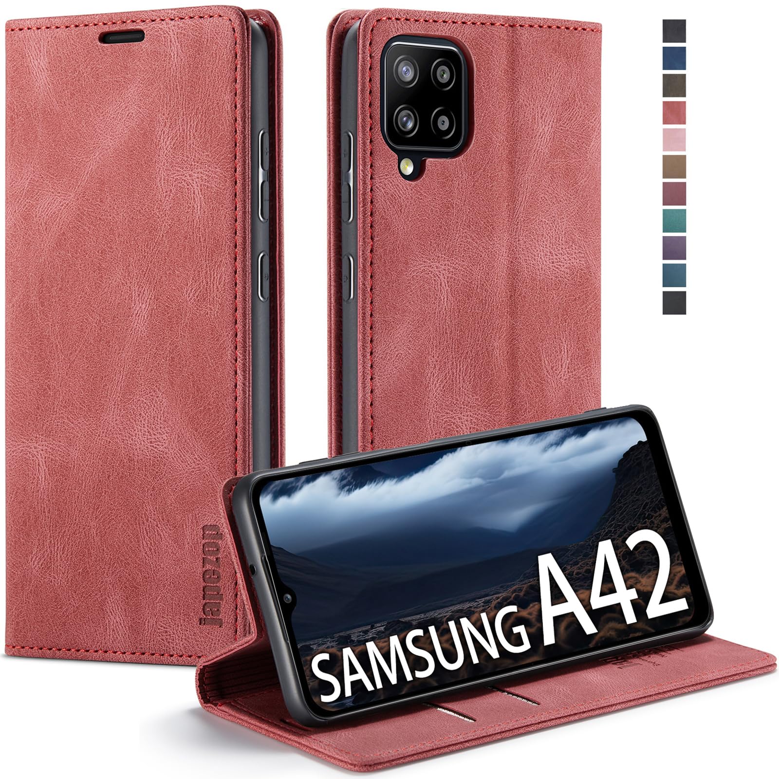 Samsung Galaxy A42 5G Leather Wallet Case with RFID Blocking, Card Holder & Kickstand - Magnetic Flip Cover for 6.6 Inch Phone (Red) - Perfect for Travel, Work & Everyday Protection