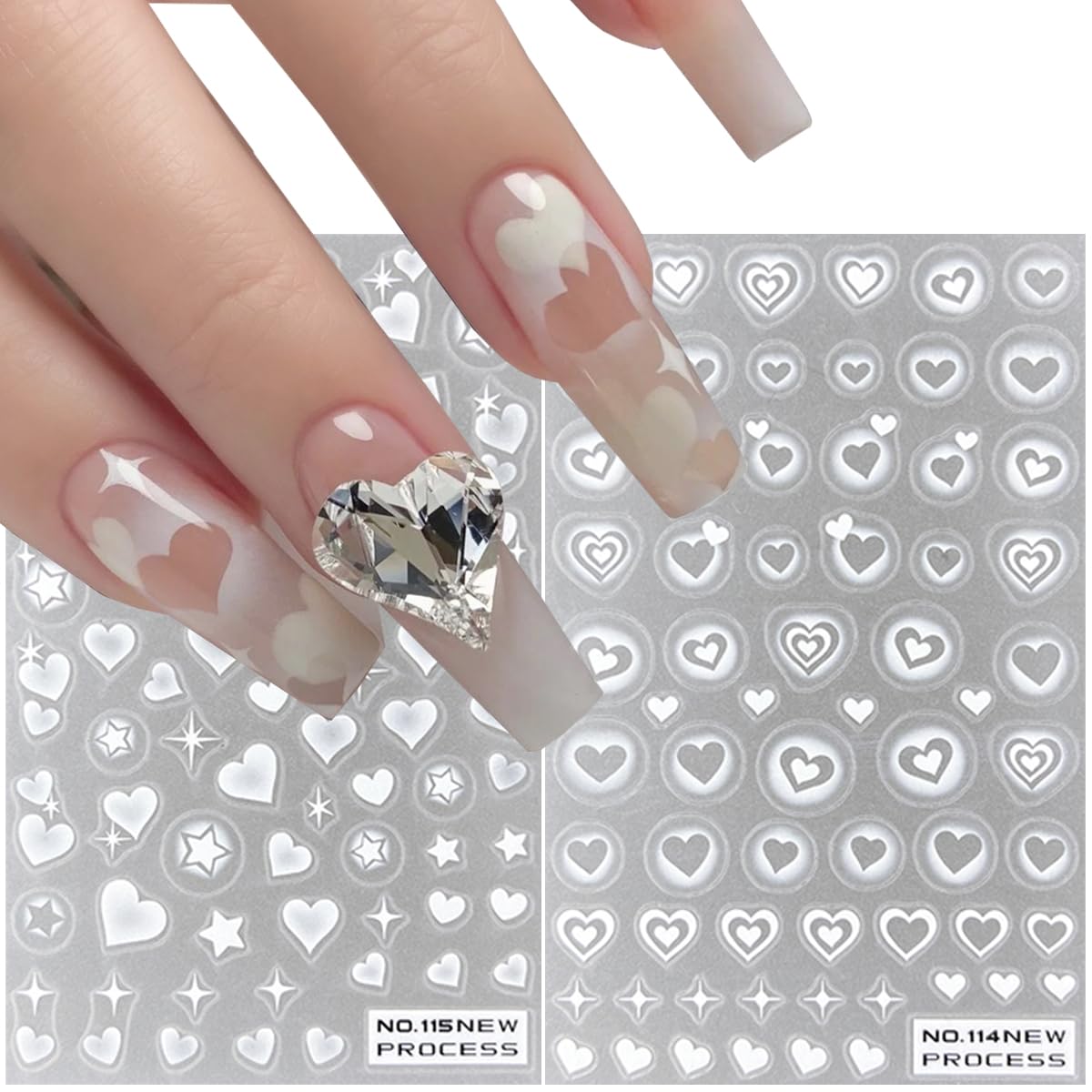 6 Sheets Heart Star Nail Art Stickers - Self-Adhesive 3D Translucent Nail Decals with Hollow Love Design for French Manicure, Airbrush Nails, DIY Crafts - Perfect for Salon, Home Nail Art & Gift Giving
