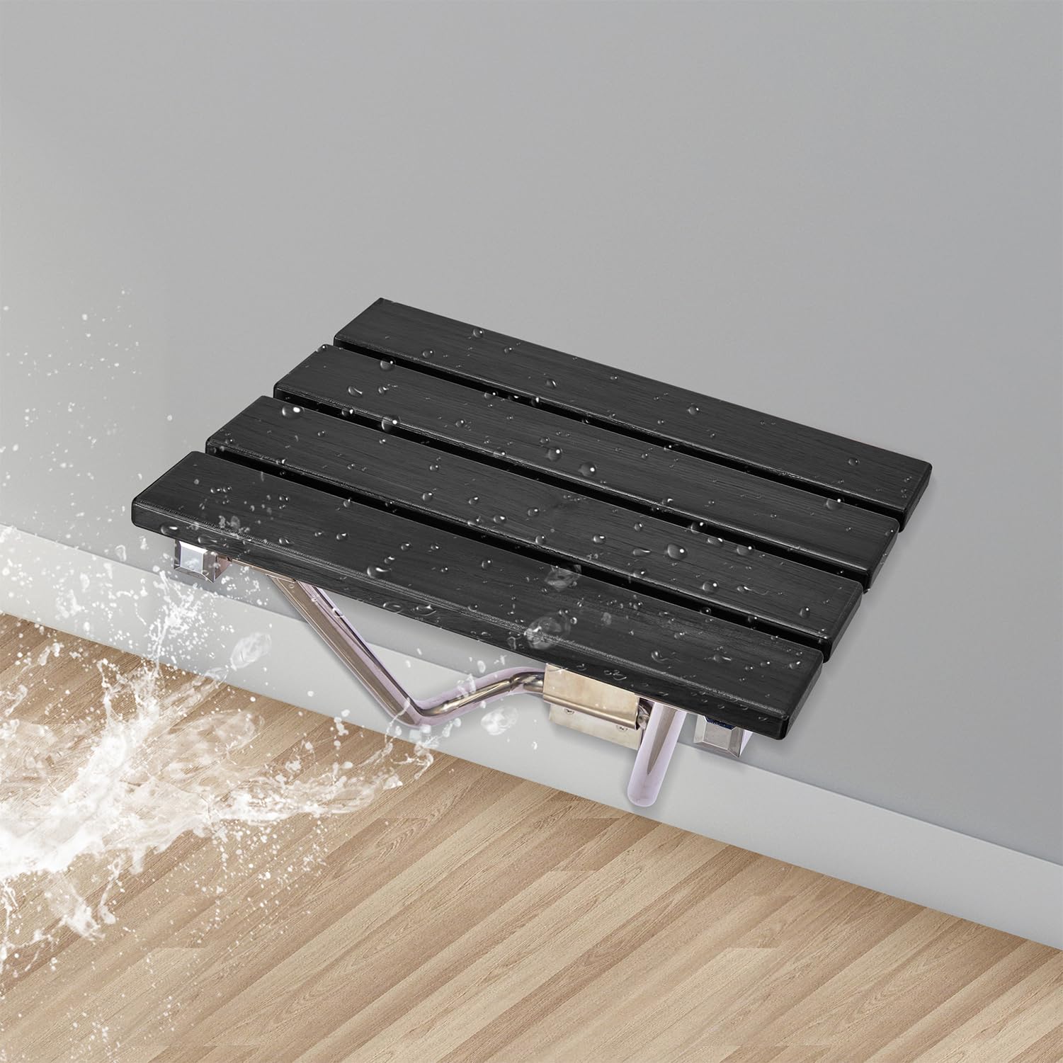 Foldable Wall-Mounted Shower Seat & Bench - Sturdy 350lb Capacity Shower Chair for Small Bathroom Spaces - Collapsible Shower Stool for Bathtub Safety - Plastic Wood Black Finish - Ideal for Elderly, Disabled & Space-Saving Bathroom Designs