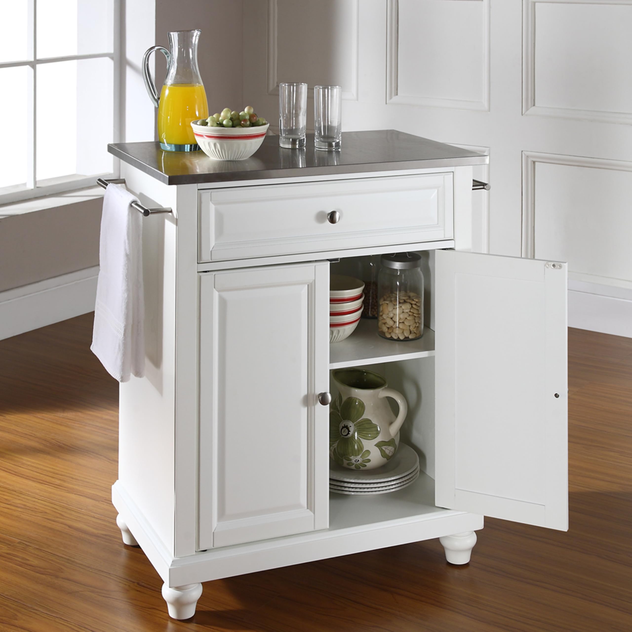 Crosley Cambridge Stainless Steel Top Rolling Kitchen Island Cart - White | Microwave Stand, Small Storage Cart for Kitchen, Pantry & Dining Room | Compact Mobile Kitchen Organizer with Wheels