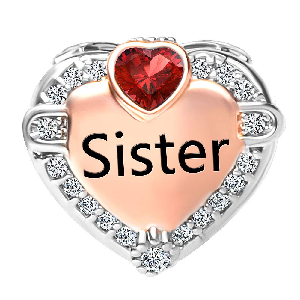Sister Love Heart Rose Gold Charm Synthetic Birthstone Bead for Bracelet - Perfect for DIY Jewelry Making, Birthday Gifts & Friendship Bracelets