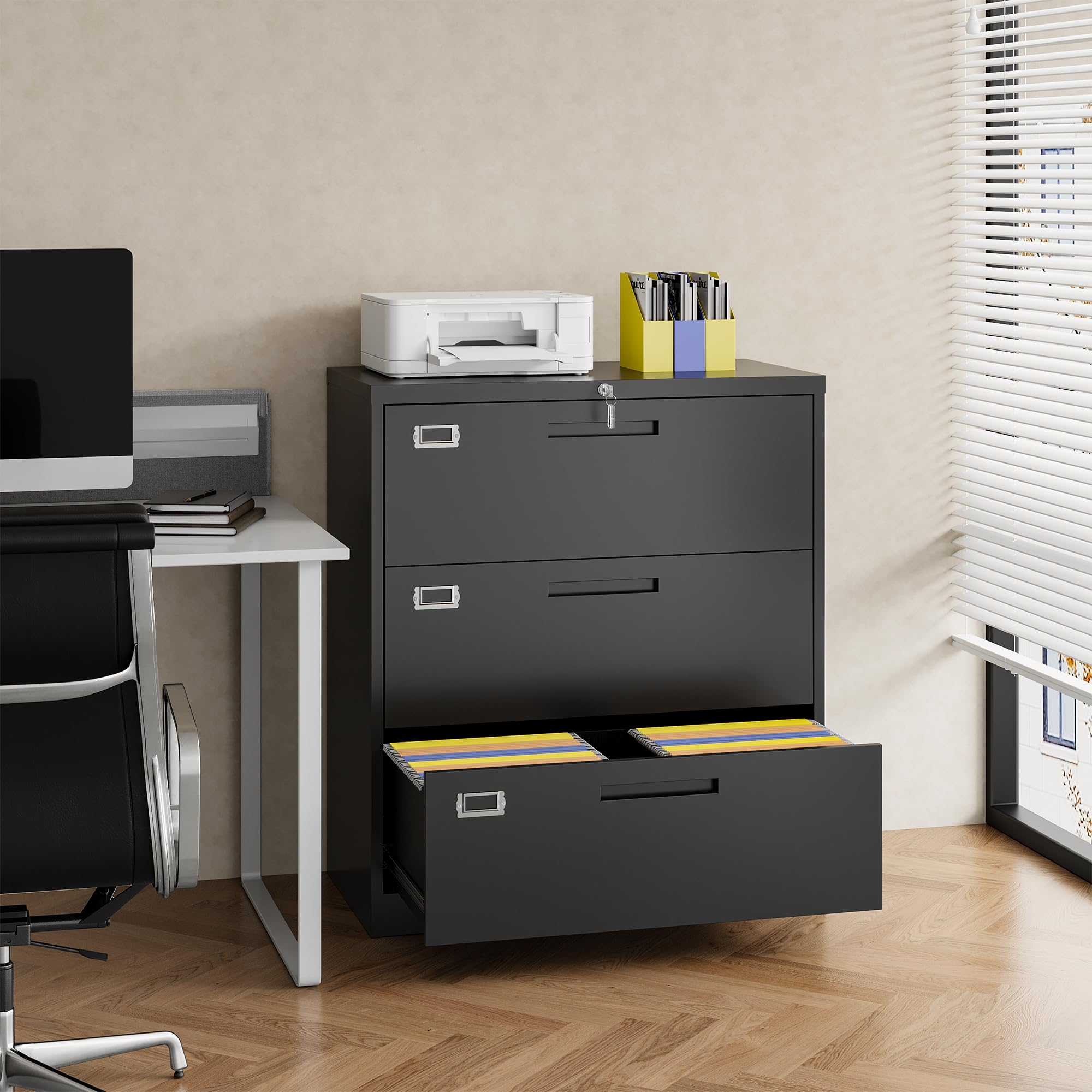3-Drawer Lateral File Cabinet with Lock - Metal Filing Cabinet for Home Office, Legal/Letter & A4 Size Documents - Secure Storage for Files, Folders & Office Supplies (Ideal for Home, Office & Workspace Organization)