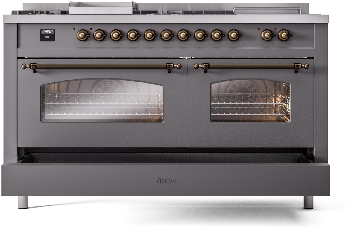 ILVE Nostalgie II 60-Inch Dual Fuel Natural Gas Range with Matte Graphite Finish & Bronze Trim - Professional Kitchen Stove for Home Chefs | Perfect for Gourmet Cooking, Baking & Entertaining