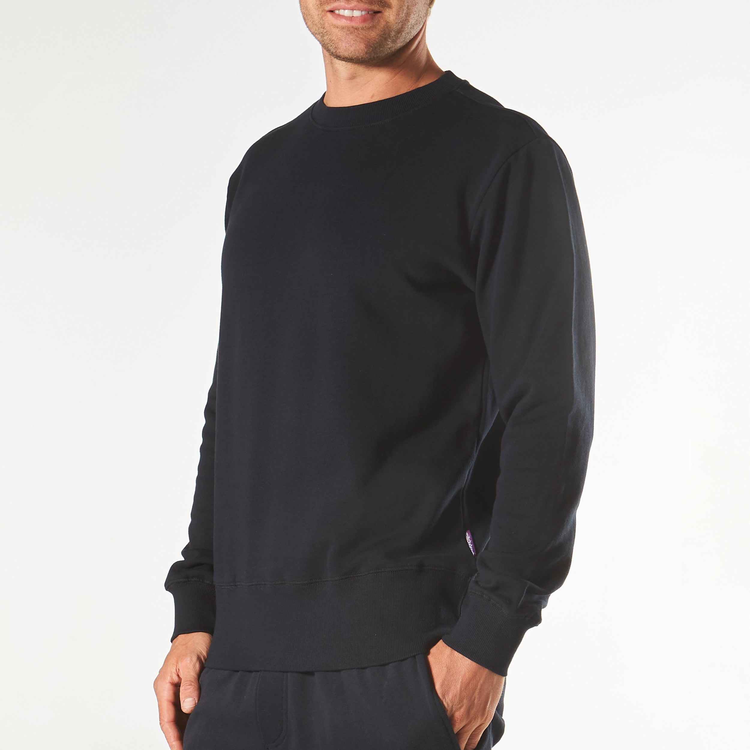 Men's Long Sleeve Crew Neck Lounge Sweatshirt - Soft Comfortable Casual Pullover for Relaxing at Home - Black