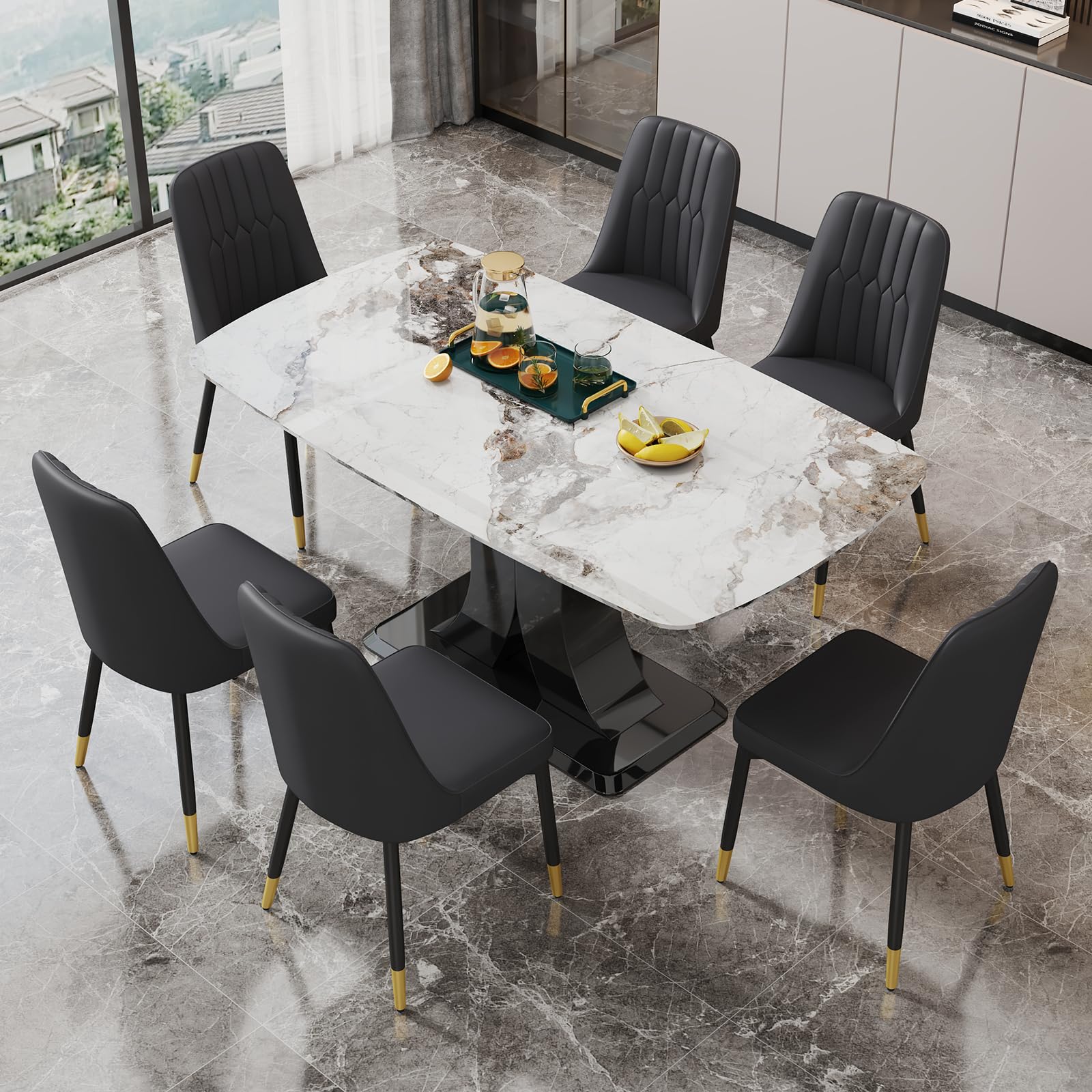 Modern PU Leather Dining Chairs Set of 6 - Armless Upholstered Kitchen Chairs with Metal Legs for Dining Room & Kitchen | Perfect for Family Gatherings, Dinner Parties & Small Space Dining