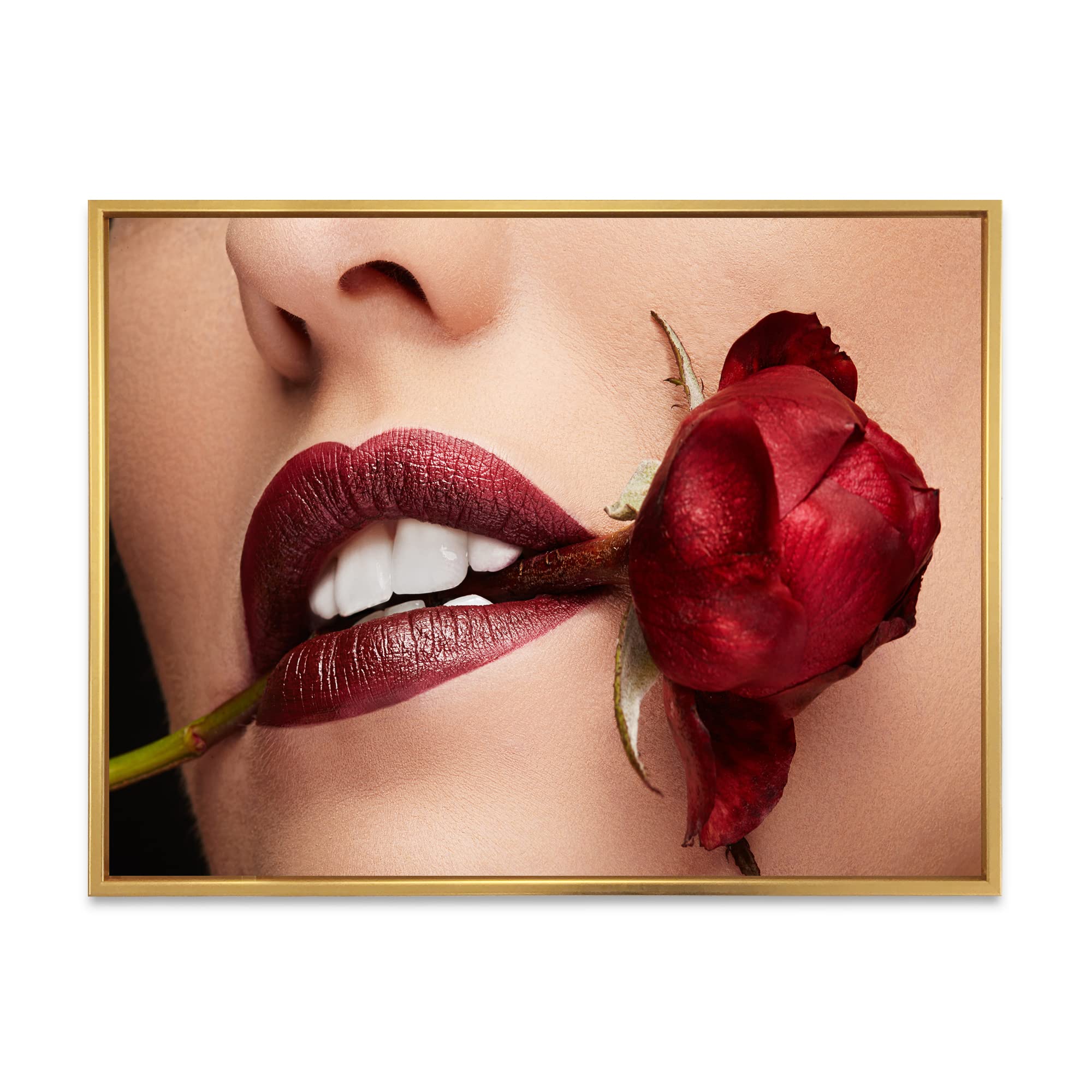 Modern Framed Canvas Wall Art Print - Woman with Red Lipstick Holding Rose in Mouth - Perfect for Living Room, Bedroom & Office Decor
