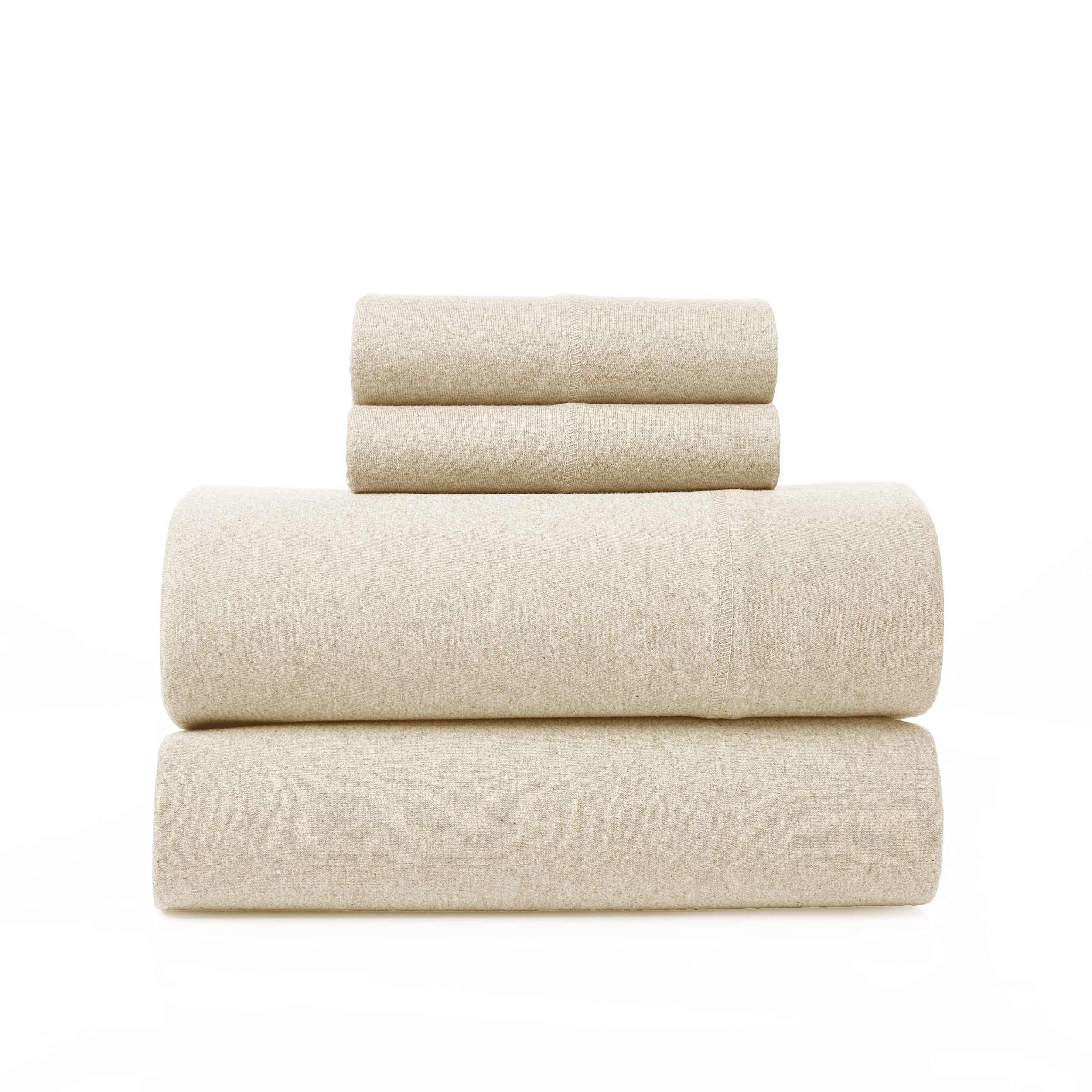 Road Trip America Jersey Knit Sheet Set - 4 Piece Queen Size Cotton Bed Sheets - Soft, Cozy & Stretchy Knit Bedding (Oatmeal) - Perfect for Home, Dorm, Guest Room & Vacation Rental