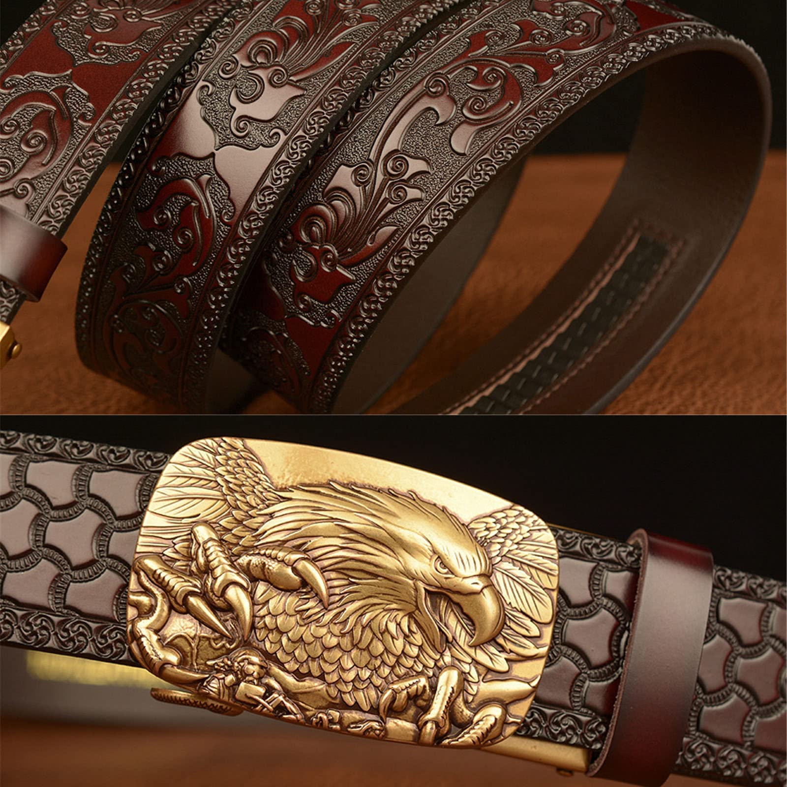 Men's & Women's Leather Belt with Eagle Automatic Buckle - Western Style Carved Pattern Design for Jeans & Casual Wear | Perfect for Everyday Outfits, Office Attire & Western Fashion