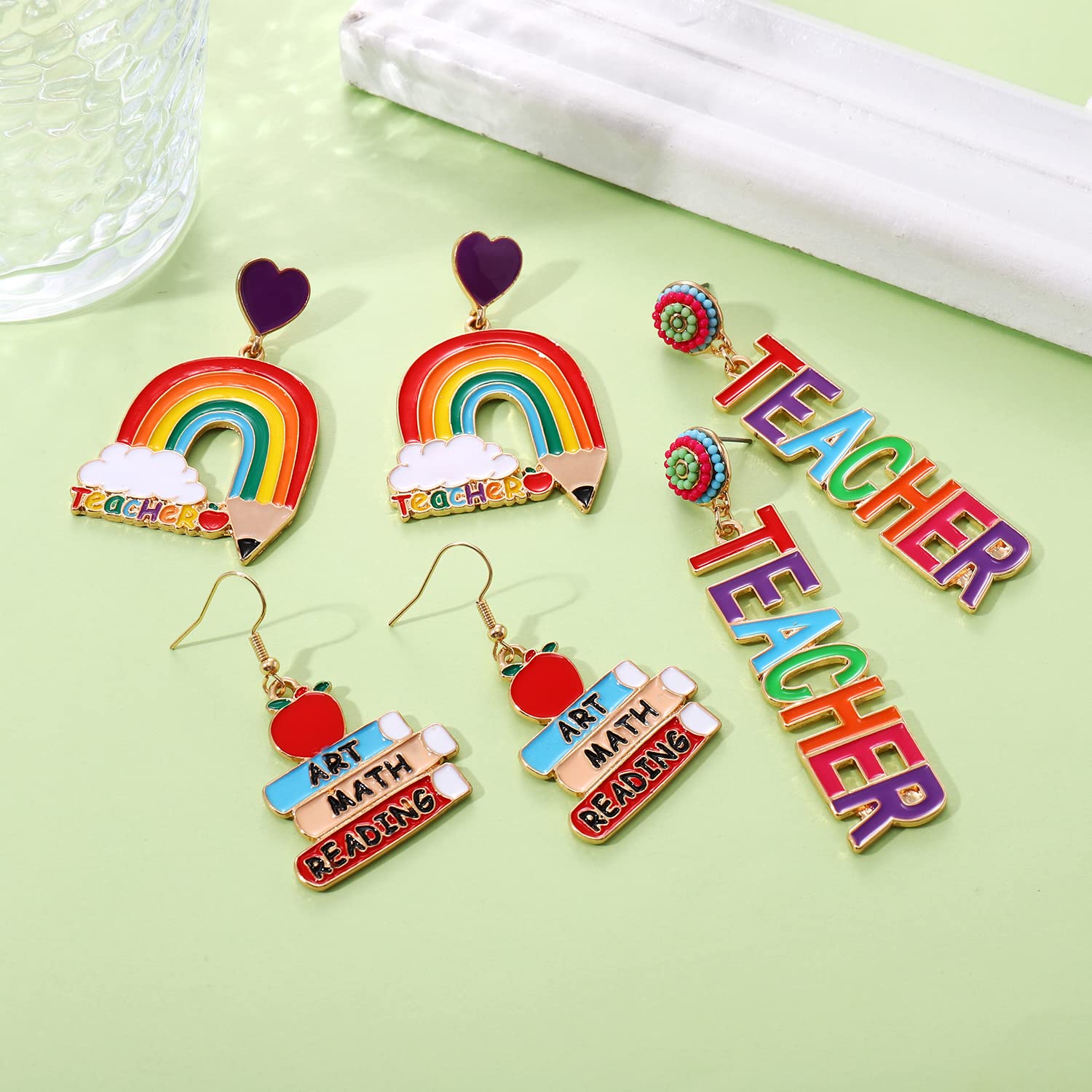 Colorful Rainbow Pencil Drop Earrings - 3 Pairs Teacher Beaded Jewelry Set for Women | Perfect for Teacher Appreciation Gifts, Back to School, and Classroom Accessories