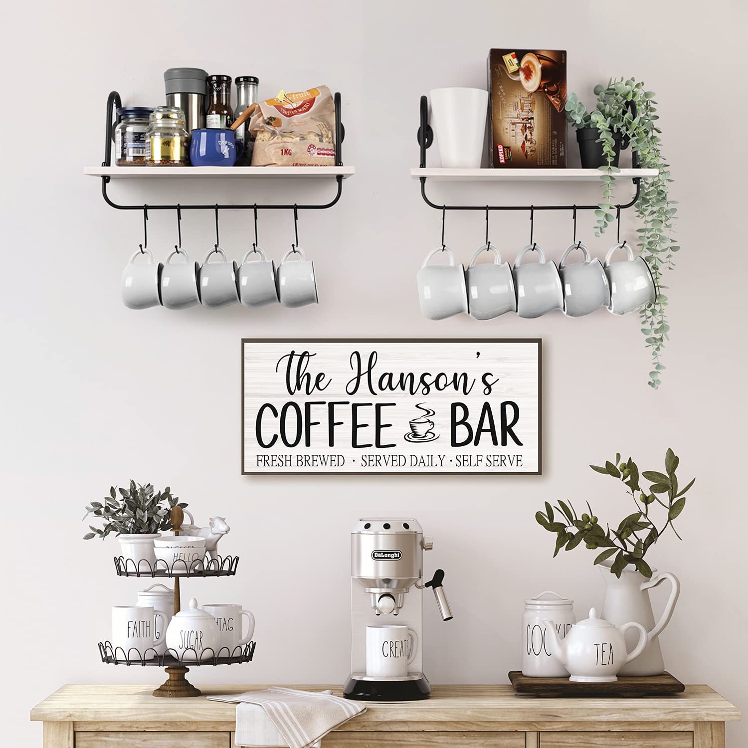 Olakee Set of 2 Floating Wall Shelves - 17x5.9 Inch Rustic Wooden Shelves with 10 Adjustable Hooks for Kitchen, Bathroom, Coffee Nook - Perfect for Mugs, Cooking Utensils, Towels & Home Organization (White) - Ideal for Small Space Storage & Farmhouse Decor