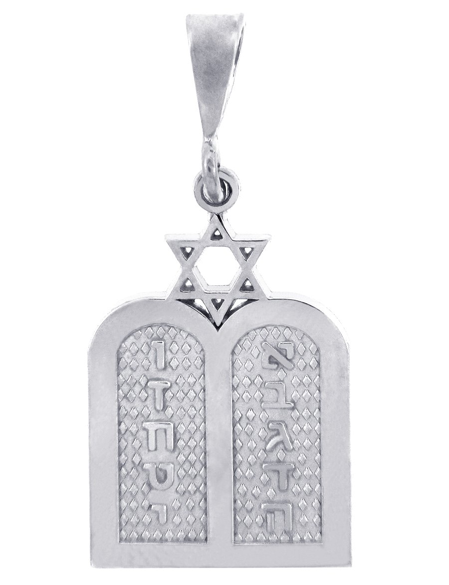 White Gold Ten Commandments Jewish Pendant Charm - Elegant Religious Jewelry for Bar Mitzvah, Wedding & Spiritual Occasions