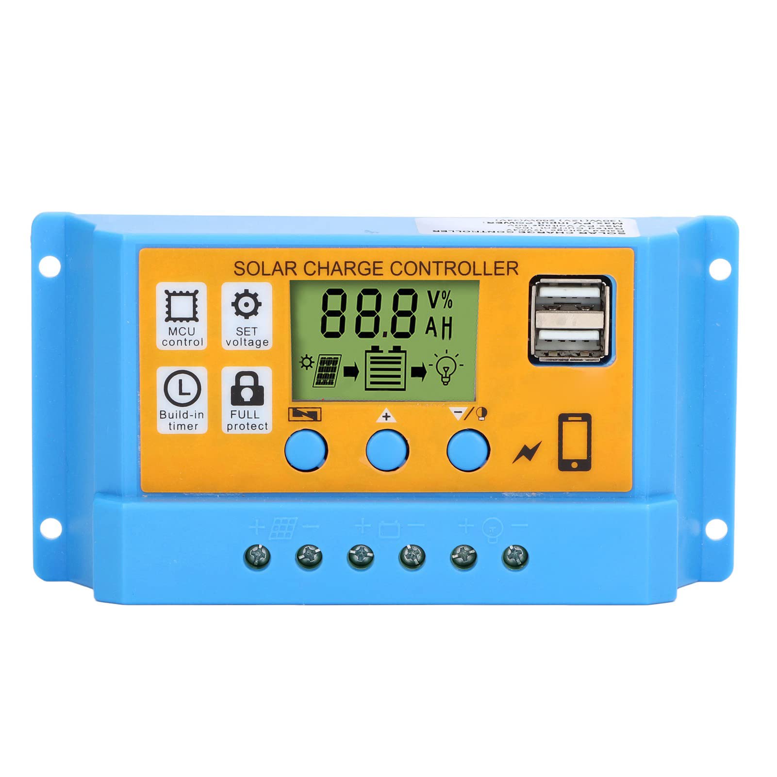 12V/24V Solar Charge Controller with Dual USB Ports - PWM Auto Parameter Timer, Adjustable 10A MPPT Regulator for Solar Panels | Perfect for Off-Grid Power Systems, RVs, Boats & Camping