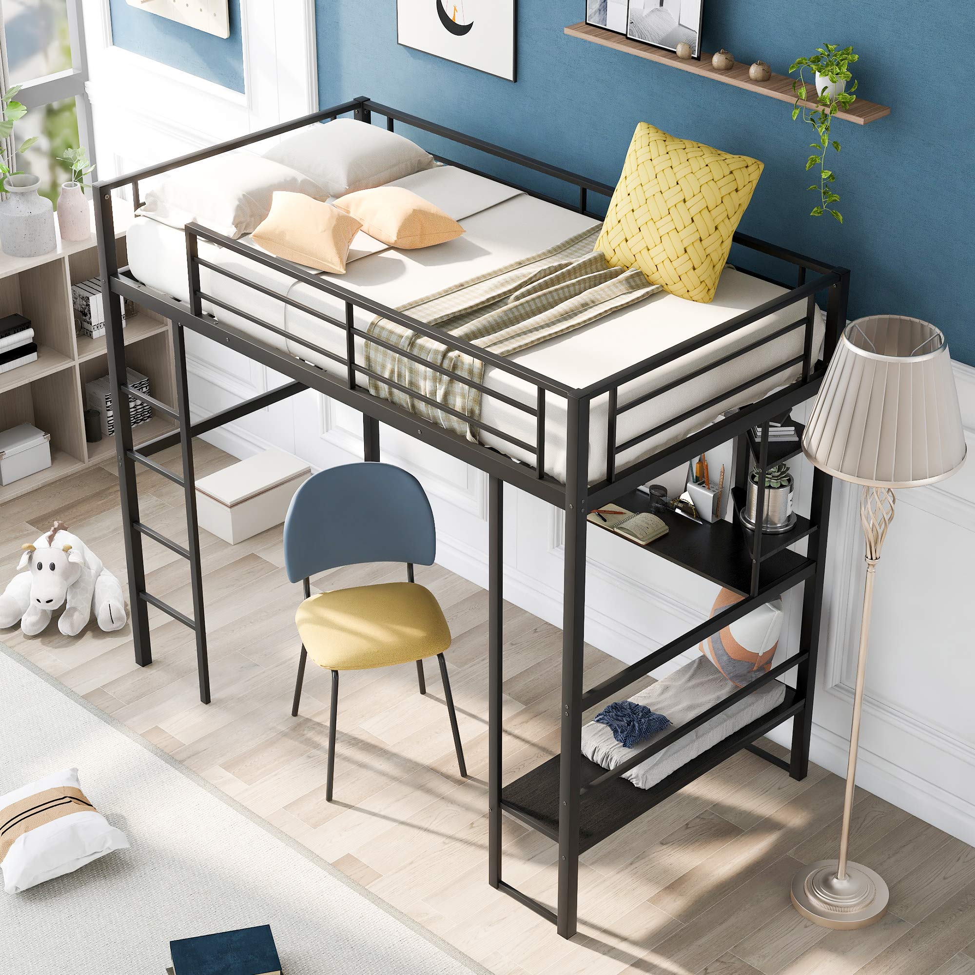 Twin Size Metal Loft Bed with Shelves & Under-Bed Desk - Sturdy Loft Bed Frame with Ladder & Safety Rail for Kids & Teens - Space-Saving Study & Sleep Solution - No Box Spring Needed (Black) - Perfect for Small Bedrooms, Dorm Rooms & Kids' Rooms