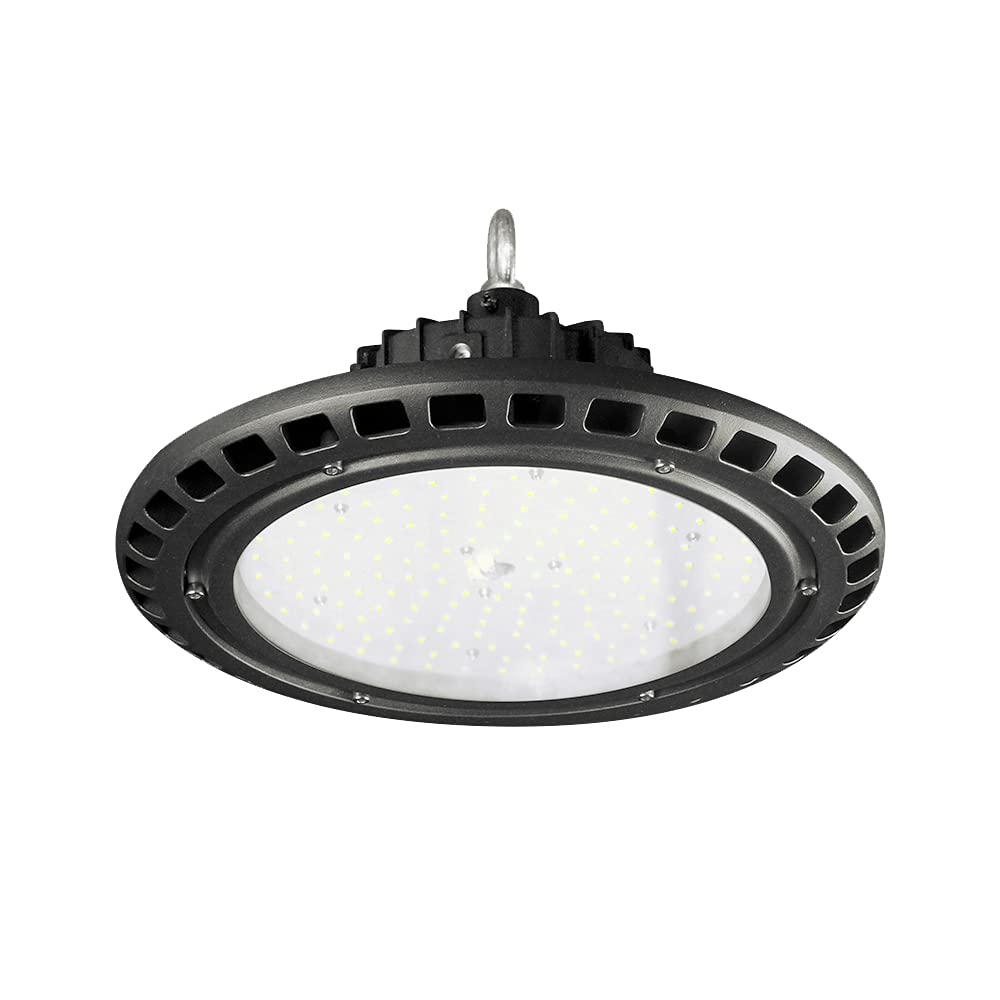 150W UFO High Bay Light Cree Chips Sosen Driver 1-10V Dimmable 21,000LM 5000K 110° Beam Angle Black Aluminum with Hanging Hook & Safety Rope for Warehouse, Factory, Gym, and Workshop Lighting
