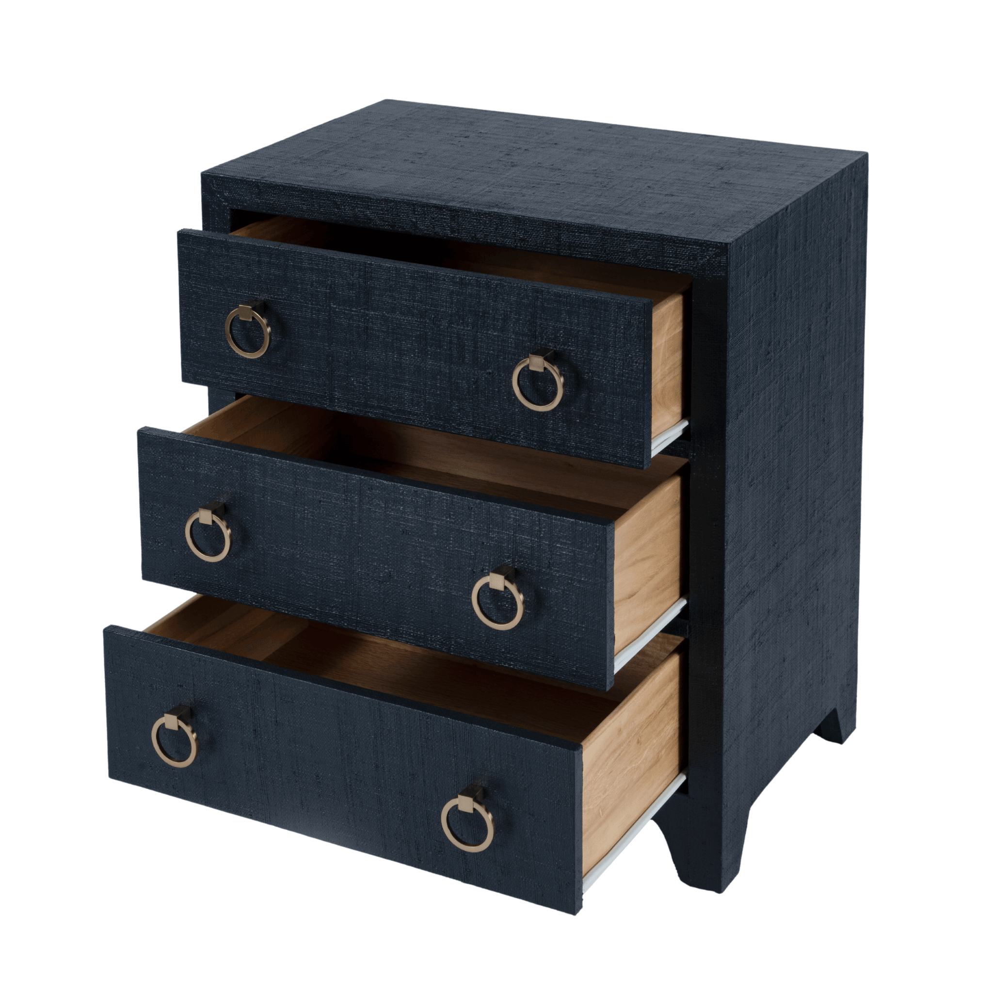 Coastal Navy Saguran Raffia Three Drawer Nightstand - Stylish Bedside Table for Bedroom, Living Room, or Guest Room Decor