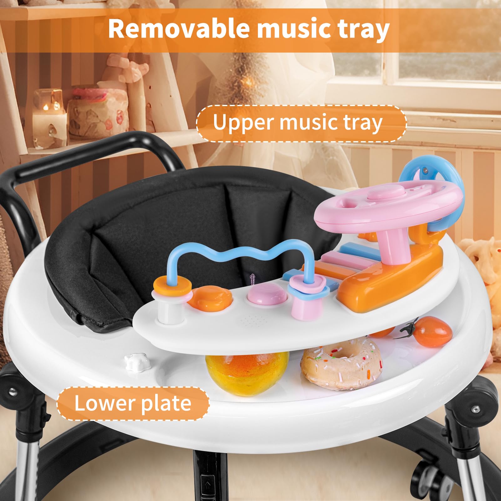 Foldable Baby Walker with Activity Center & Music - Adjustable Height (5 Levels) for Boys & Girls 6-12 Months - Includes Feeding Tray & Wheels - Perfect for Learning to Walk & Indoor Playtime