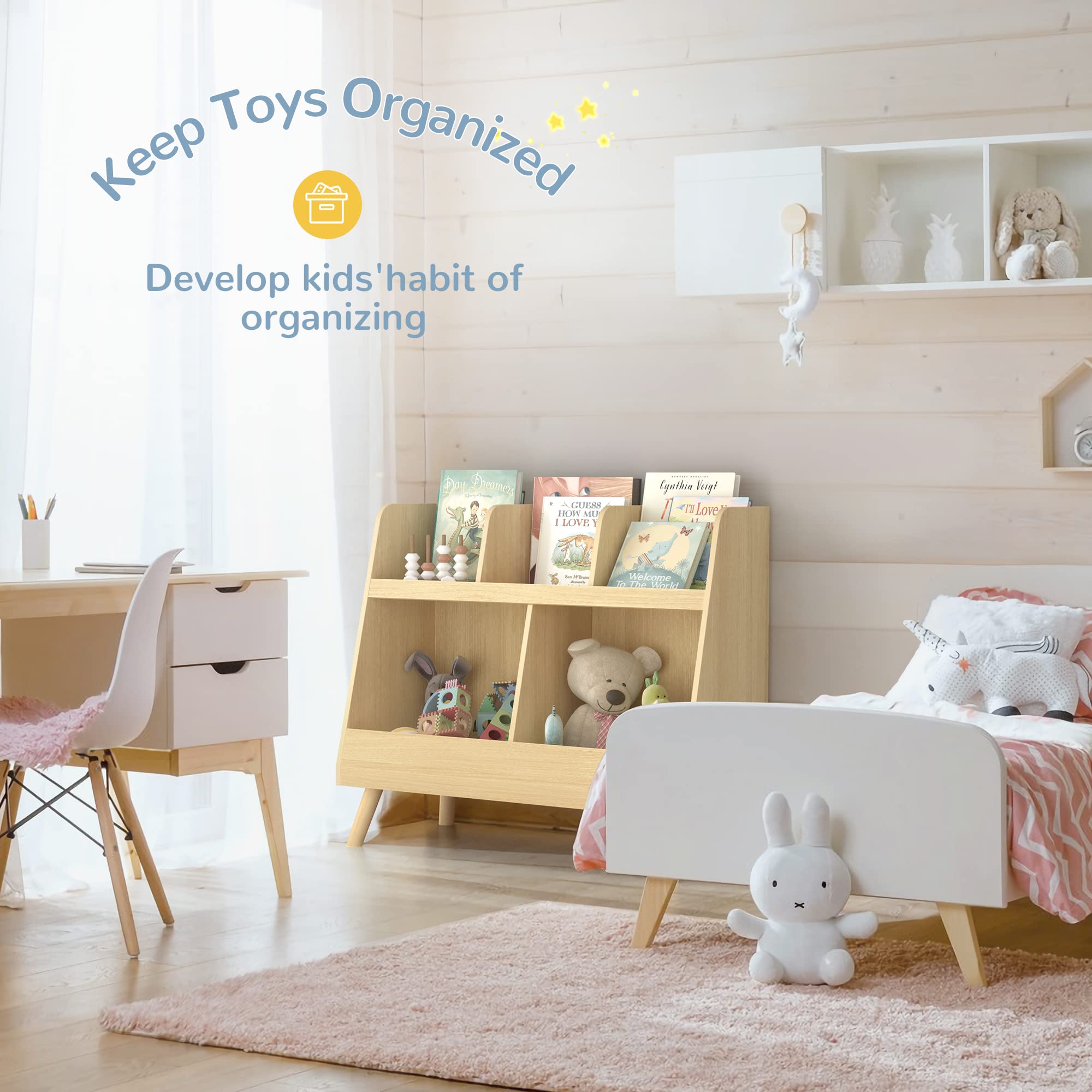 Wooden Kids Bookshelf & Toy Organizer - 5 Cubbies, 2-Tier Baby Book Storage Display - Natural Wood Color - Perfect for Nursery, Playroom, Bedroom - Great Christmas & Birthday Gift for Toddlers