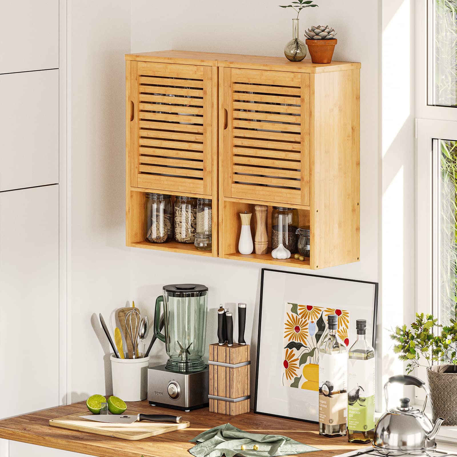 VIAGDO Wooden Bathroom Wall Cabinet - Single Door Medicine Storage with Adjustable Shelf, Bamboo Over The Toilet Hanging Cupboard (15.7’’L x 7.8’’W x 23.6’’H) - Perfect for Small Bathrooms, Powder Rooms & Apartment Storage Solutions