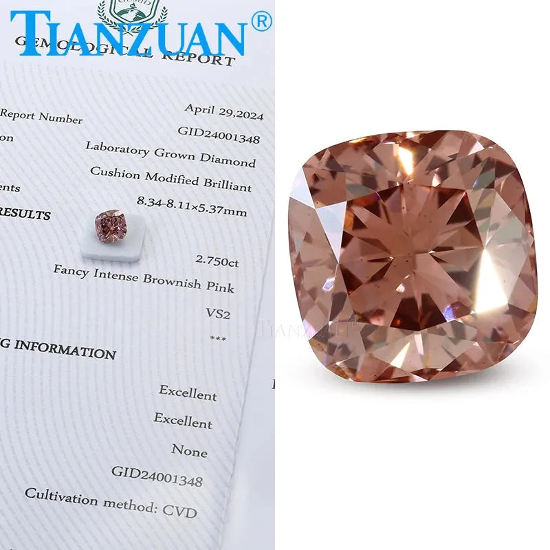 Lab Grown CVD Diamond - Cushion Cut VVS1-VS2 (2EX) Fancy Intense Brownish Pink Loose Gemstone with GEMID Certification | Perfect for Engagement Rings, Anniversary Gifts & Jewelry Making