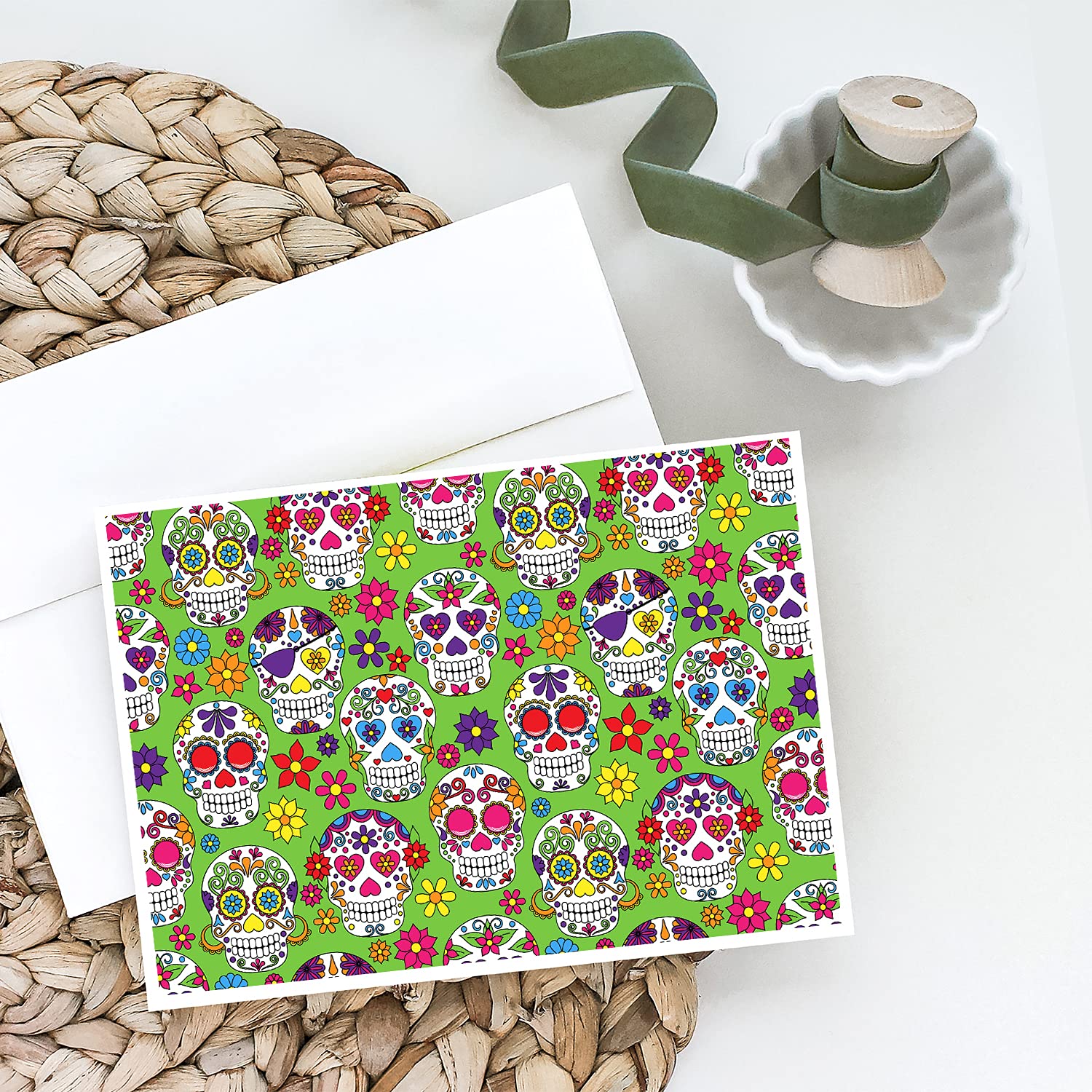 Day of The Dead Greeting Cards & Envelopes - Pack of 8 Blank A7 Cards (5x7 inches) - Whimsical Mexican Sugar Skull Design - Perfect for Halloween, Dia de Muertos Celebrations & Handwritten Notes
