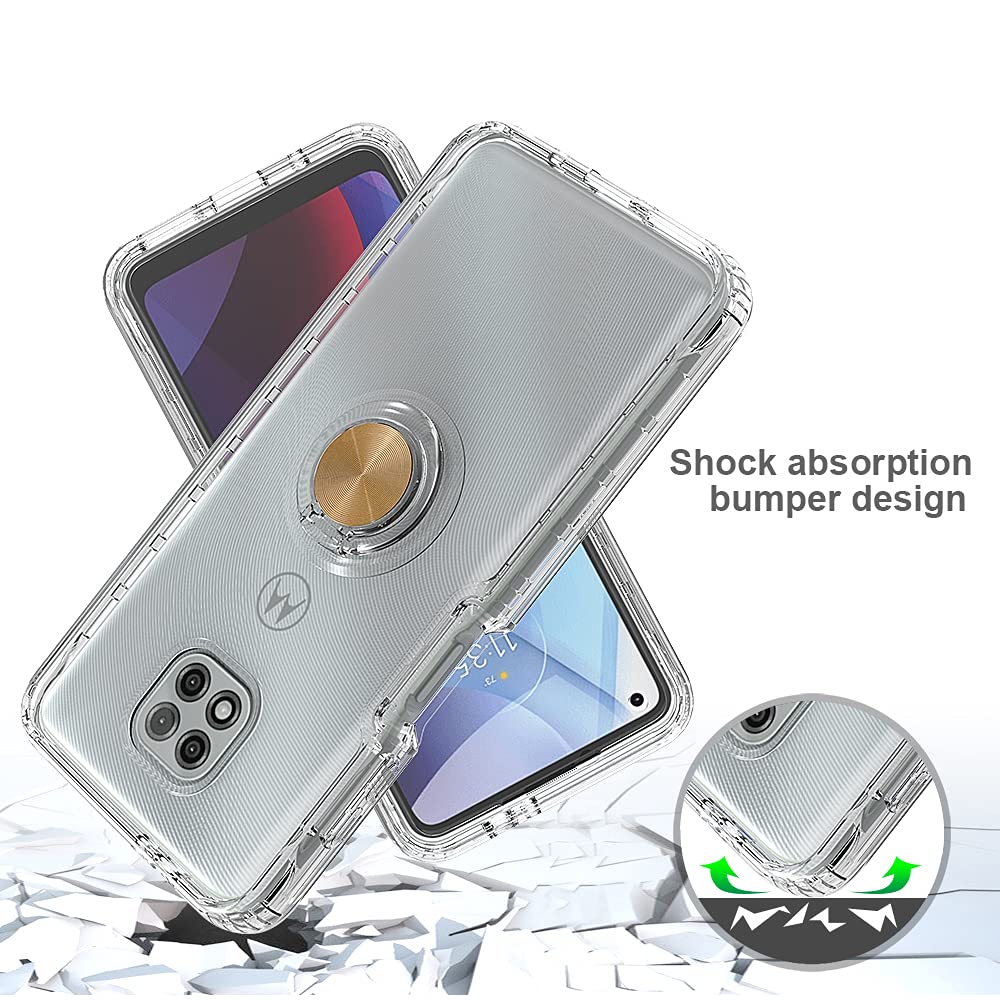 Shockproof Clear Phone Case for Moto G Power 2021 - Full Body Protection with Built-in Screen Protector & Ring Kickstand | Anti-Drop Rubber Cover (Gold) | Perfect for Outdoor Activities, Travel & Daily Use