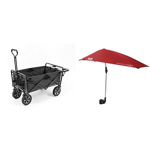 Mac Sports Collapsible Outdoor Utility Wagon with Folding Table & Drink Holders - Gray | Portable Folding Cart for Beach, Camping, Picnics & Tailgating | Sport-Brella Versa-Brella 4-Way Swiveling Sun Umbrella - FireBrick Red | Adjustable Sunshade for Patio, Poolside & Outdoor Events
