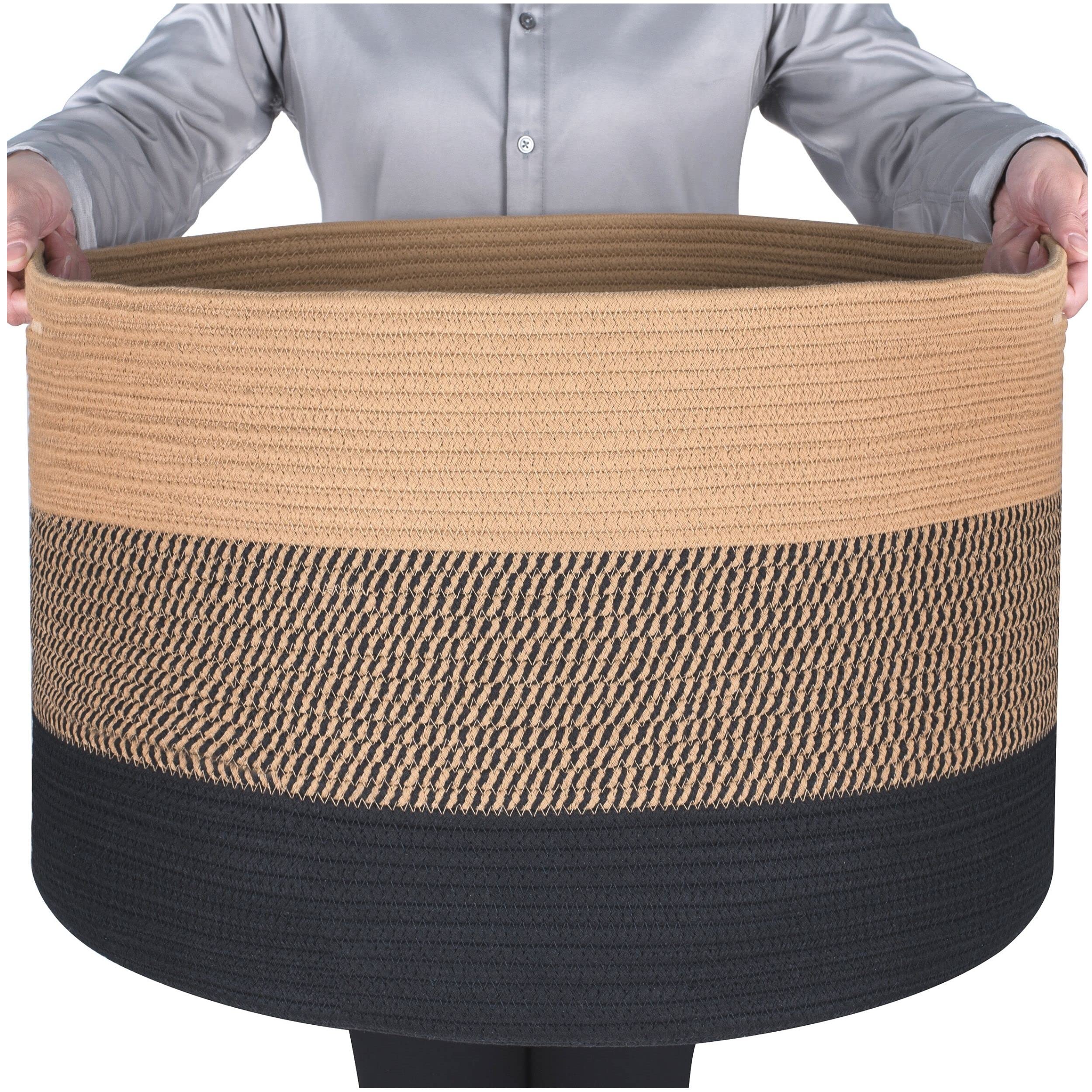 MINTWOOD Extra Large 22x14 Inch Woven Cotton Rope Storage Basket - Blanket Organizer, Laundry Hamper, Toy Bin for Living Room, Bedroom & Nursery - Decorative Black Jute Basket for Home Organization