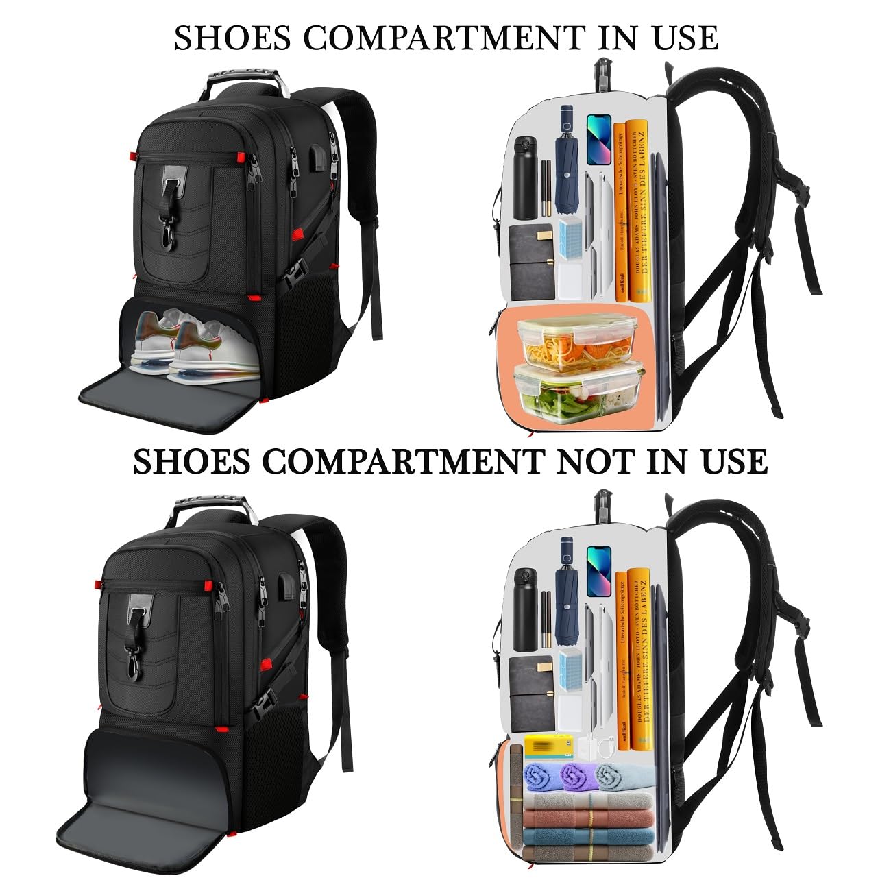 18.4 Inch Large Laptop Backpack for Men & Women - Waterproof Travel Backpack with Shoe Compartment, PC Sleeve - Perfect for Gym, Hiking, Business, College & School - Carry On Bookbag for Daily Commute & Outdoor Activities (Black)