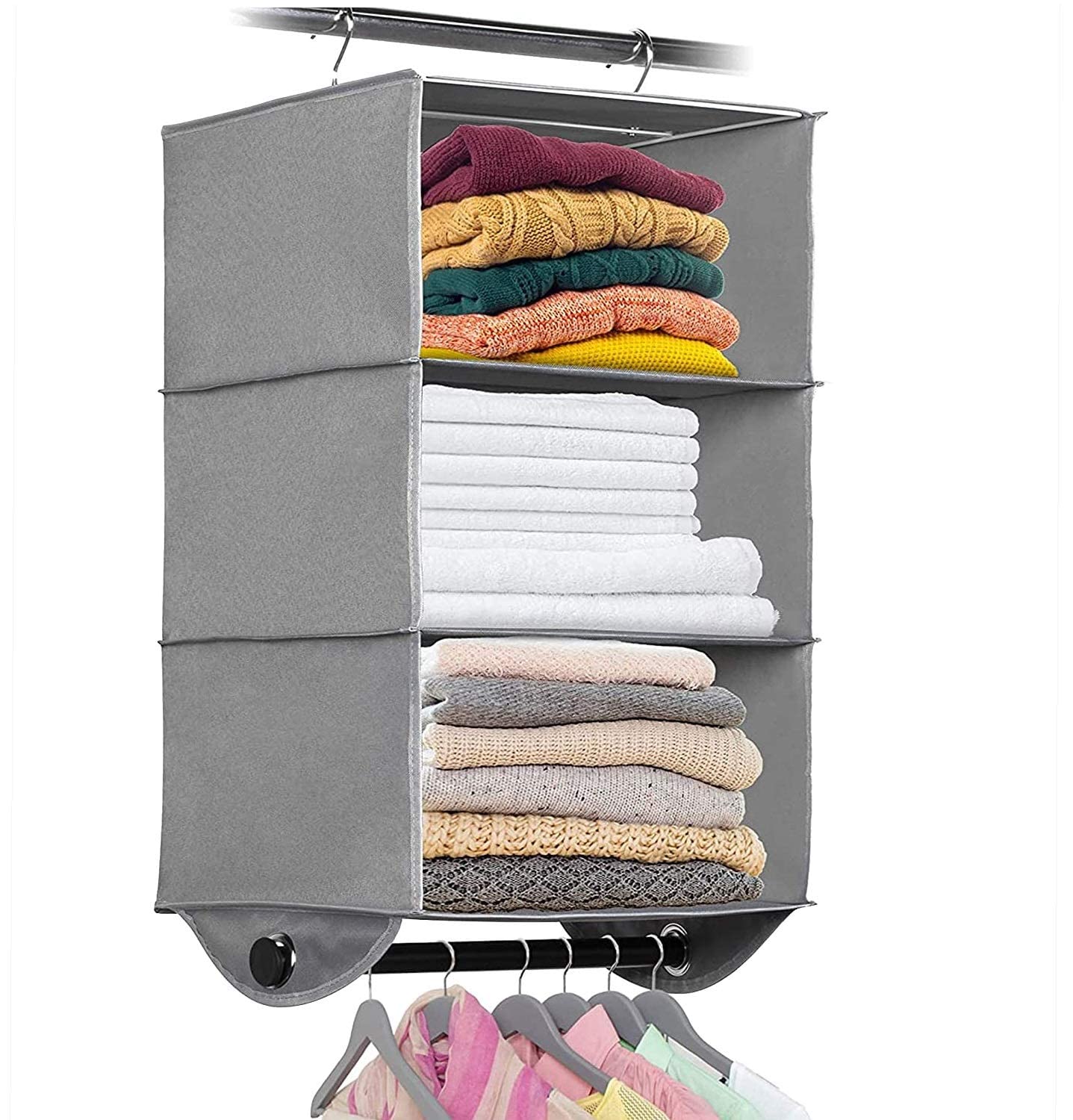 HOLDN’ STORAGE 3-Tier Hanging Closet Organizer - Space Saving Storage Shelves for Closet, Dorm, RV & Small Spaces - Grey Fabric with Black Metal Rod - 12”W x 12”D x 29.5”H - Perfect for College Dorms, Apartments & Travel Organization