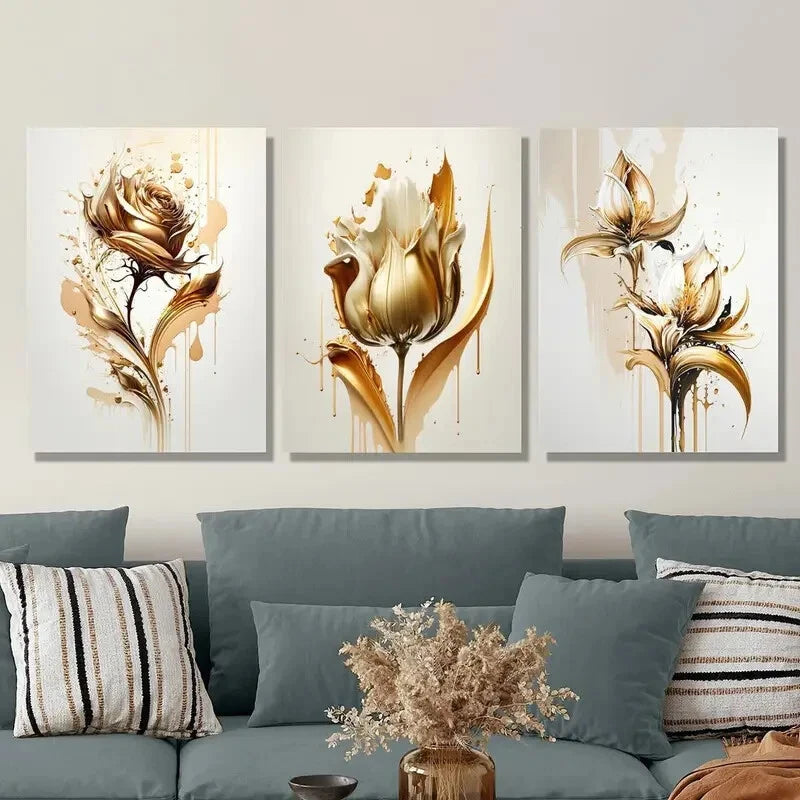 3-Piece Golden Rose Abstract Wall Art Set - Framed Canvas Prints 50x70cm (20x28in) - High Quality Australian Made Ready-to-Hang Decor for Living Room, Bedroom & Office