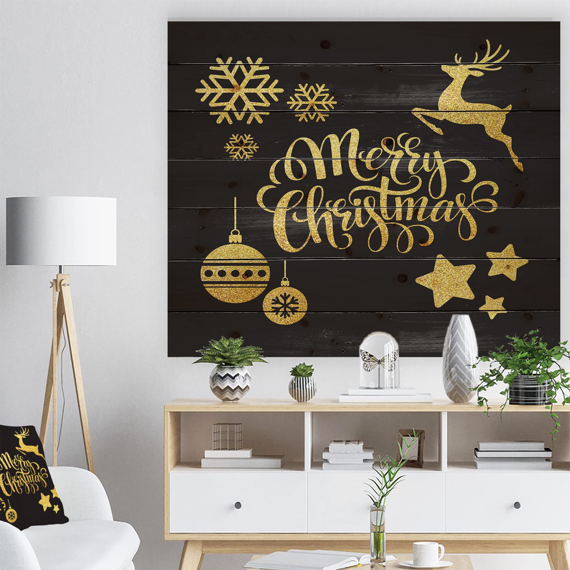 Handmade Merry Christmas Wood Wall Art with Reindeer, Stars & Ornaments - Traditional Pine Wood Decor for Holiday Home Decoration - Perfect for Living Room, Bedroom & Office Christmas Decor