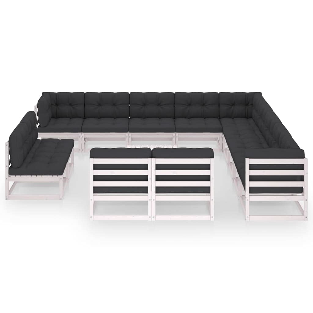 14-Piece White Solid Pinewood Garden Lounge Set with Cushions - All-Weather Outdoor Patio Furniture Sectional Sofa Conversation Set with Dining Table & Chairs for Backyard, Poolside, and Garden Relaxation