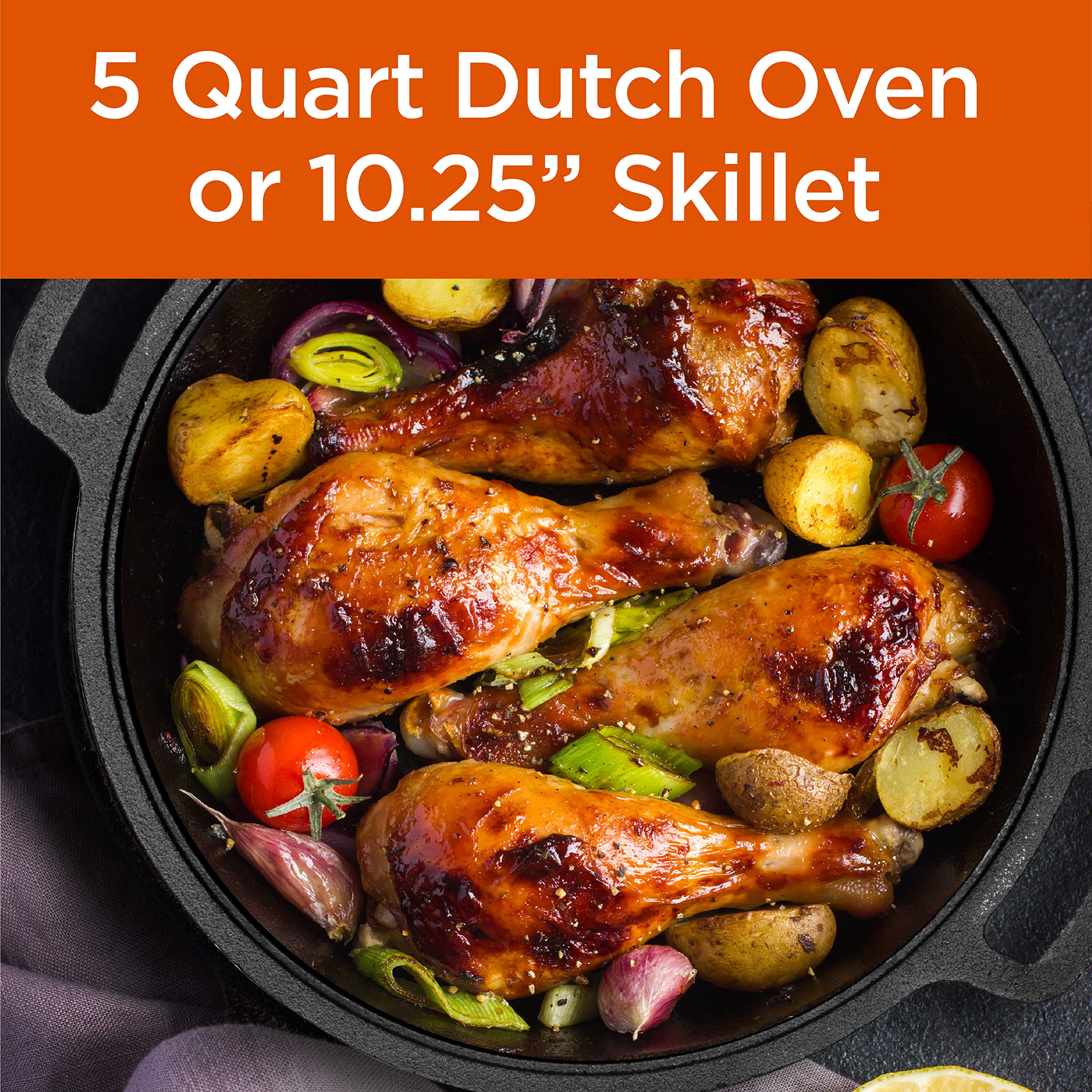 Commercial Chef 5-Quart Cast Iron Dutch Oven with Skillet Lid – Heavy Duty Enameled Cookware for Baking, Roasting & Camping – Perfect for Stovetop, Oven & Outdoor Cooking
