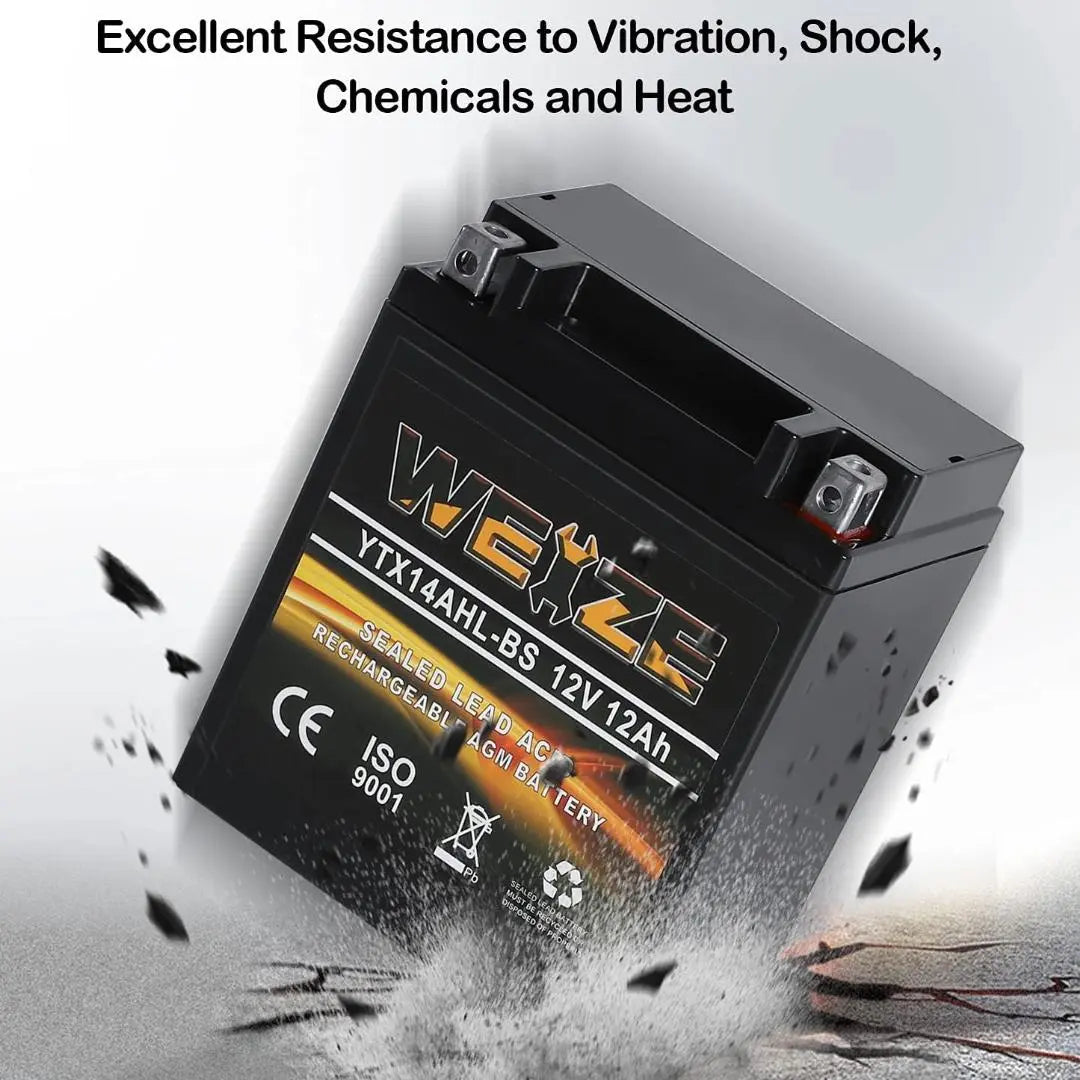 WEIZE YTX14AHL BS 12V 12Ah High Performance AGM Sealed Motorcycle Battery - Compatible with Polaris Scrambler, Sportsman 90, Honda NQ50 Spree Scooters, Kawasaki KLX110 - Perfect for Off-Road, ATV & Powersports Vehicles